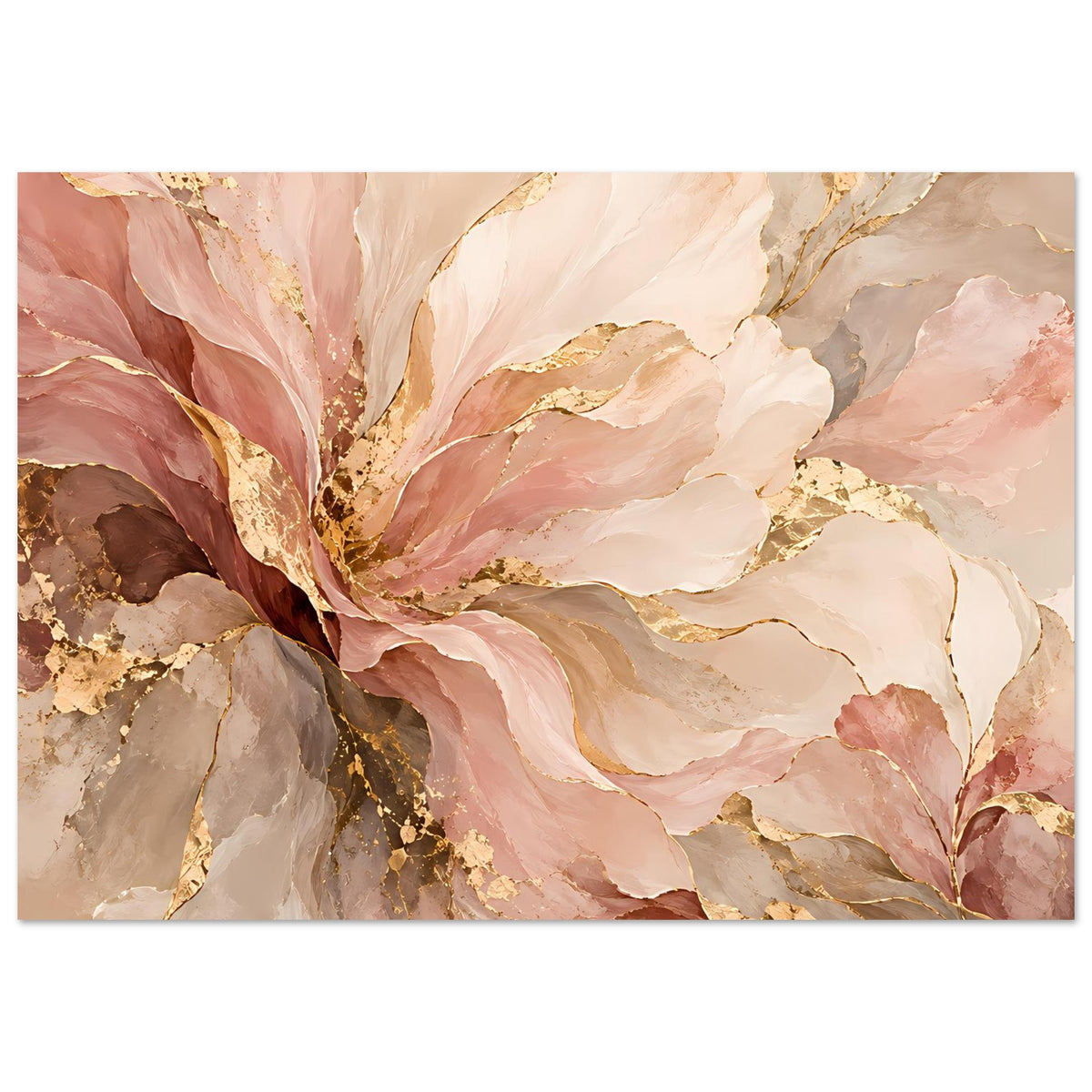 Floraler Kunstdruck in Rosa, Beige und Gold, horizontal