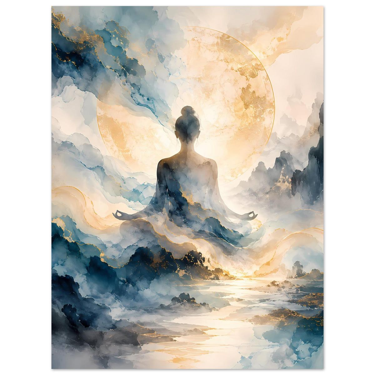 Zen-Poster: Meditierende Figur, blaue Wolken und goldene Lichtscheibe