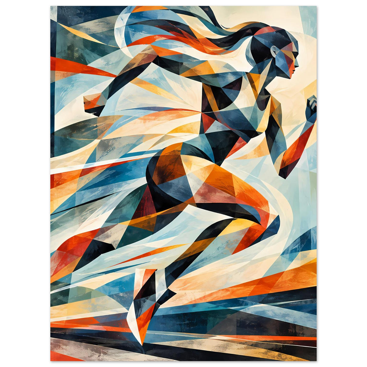 Poster mit abstrakter Läuferin, scharfkantige Formen in Blau, Creme und Orange