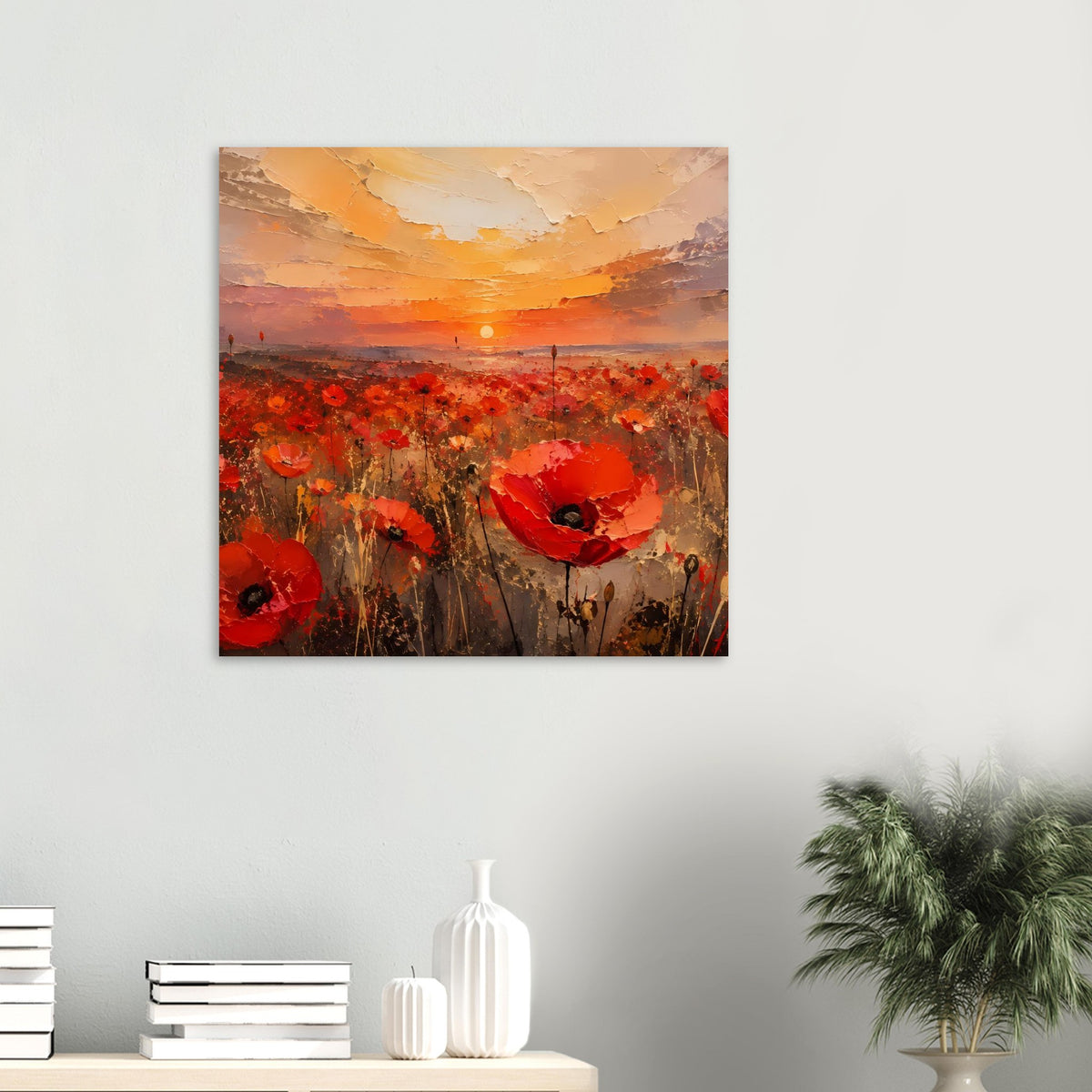 Quadratisches Poster mit Sonnenuntergang über rotem Mohnfeld und roten Blüten