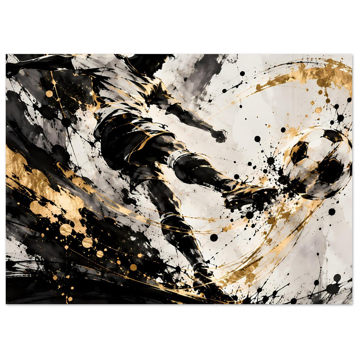 Wandposter im Querformat: Fußballspieler beim Schuss, schwarze Linien und goldene Sprenkelflächen.