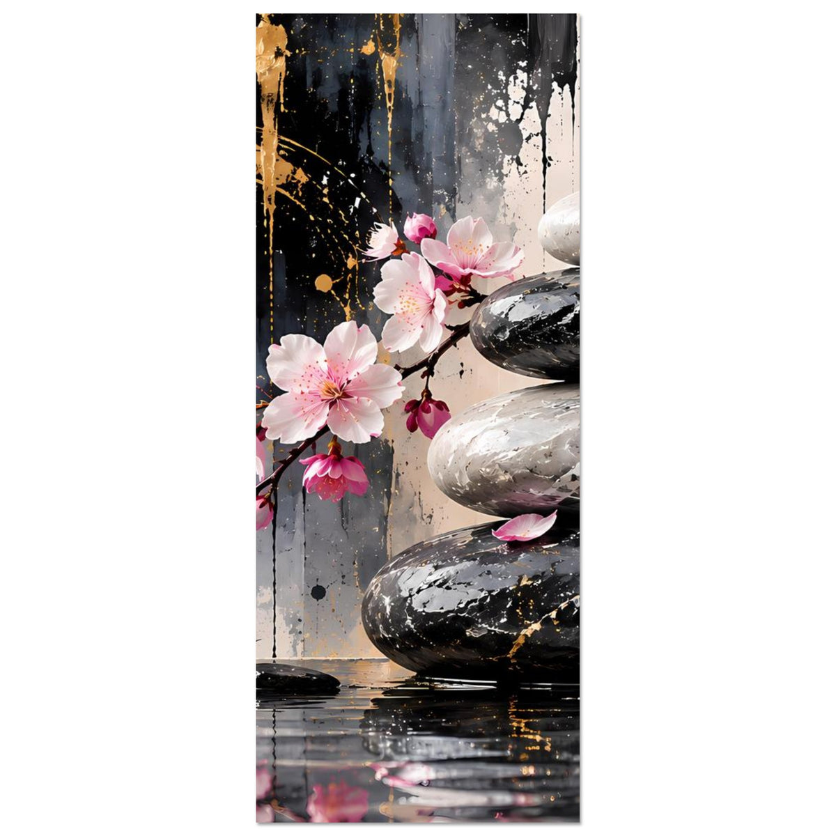 Hochformat-Poster mit Kirschblüten und teilweise sichtbarem Stapel Wellness-Steinen
