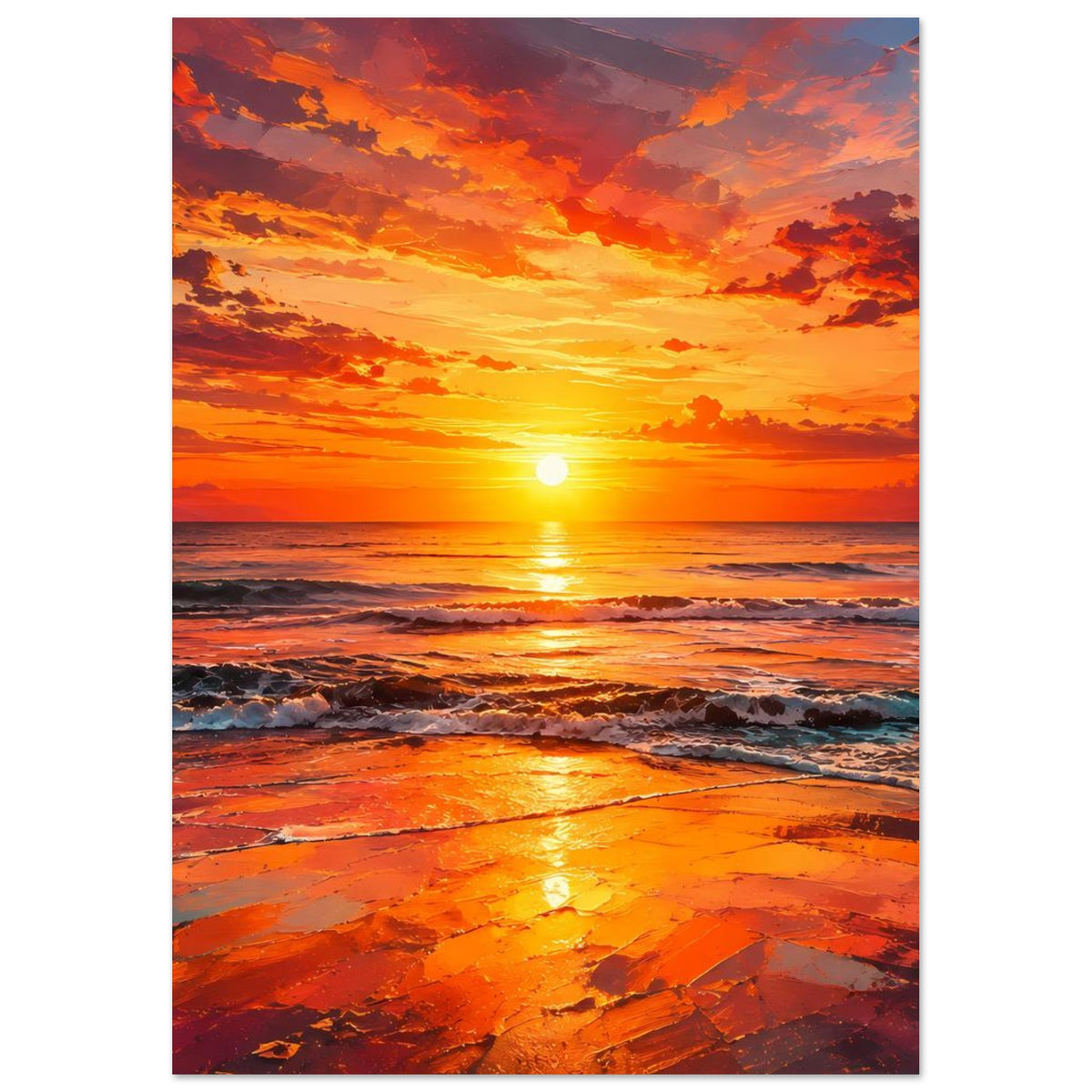 Hochformatiges Poster mit Sonnenuntergang am Meer, orangefarbener Himmel, goldene Sonne und Wellen