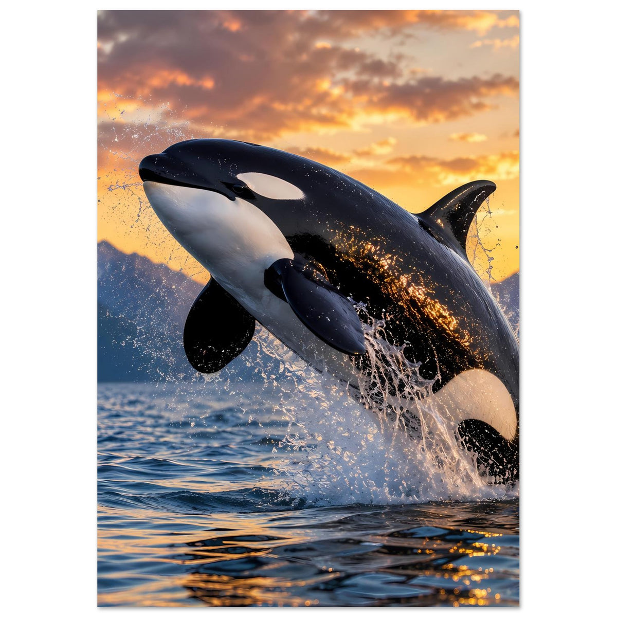 Orca-Sprung-Poster: schwarzer und weißer Wal springt aus dem Wasser, große Gischtfontäne sichtbar