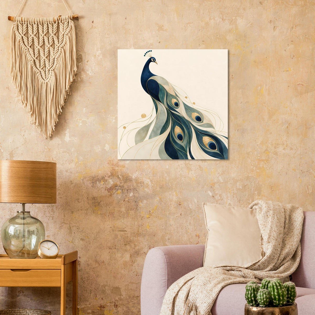 Quadratisches Poster mit Pfauenfeder-Motiv in Blau, Grün und Gold
