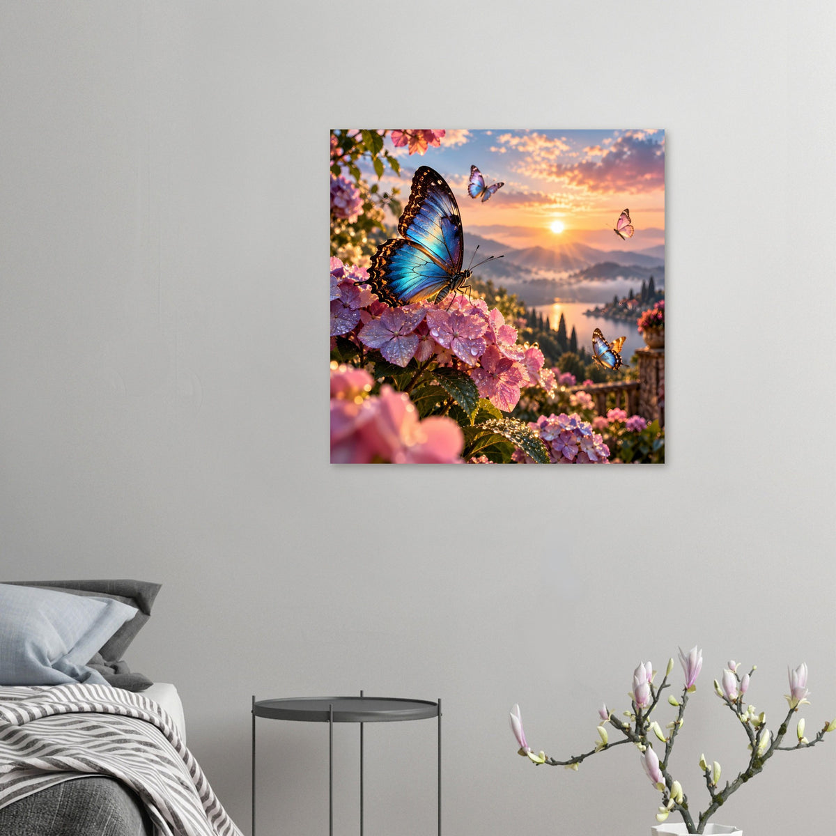Kleines Poster mit blauen Schmetterlingen auf rosa Blüten und Sonnenuntergangs-Landschaft