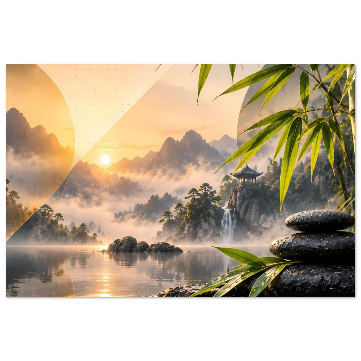 Poster mit Zen-Landschaft: Bambuszweige vorne, Sonnenlicht im Nebel, See mit Steinen