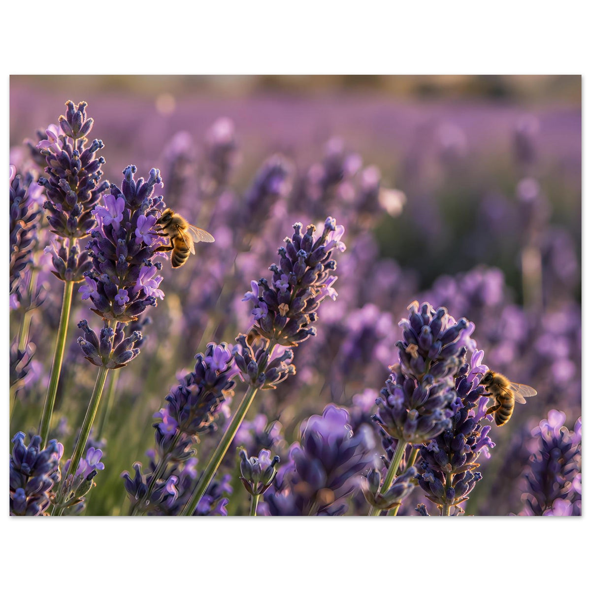 Lavendelblüten-Poster mit violetten Blütenähren, gelbe Insekten im Vordergrund