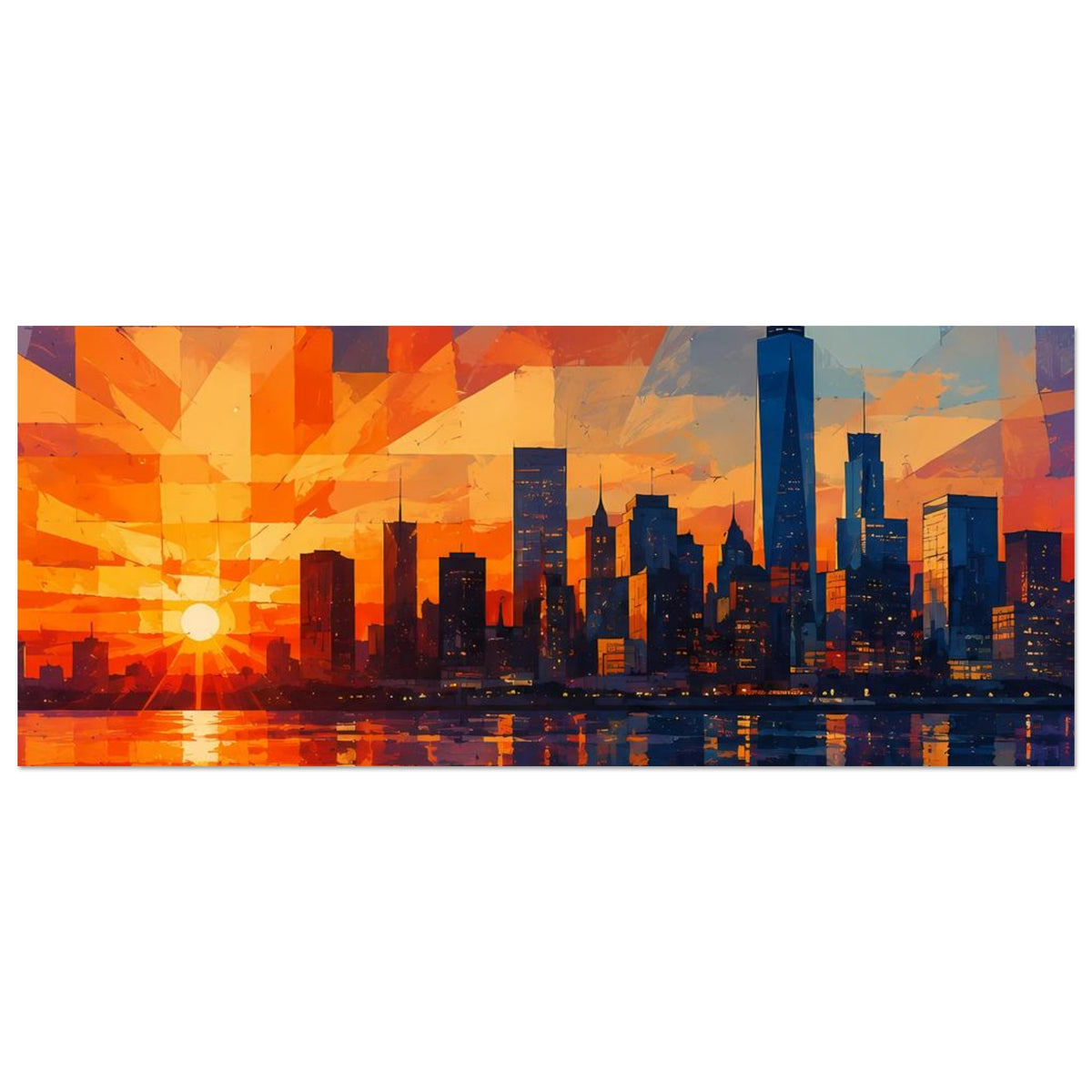 Horizontales Wandposter mit abstrakter Skyline, orange Sonnenkreis links und blaues Stadtpanorama