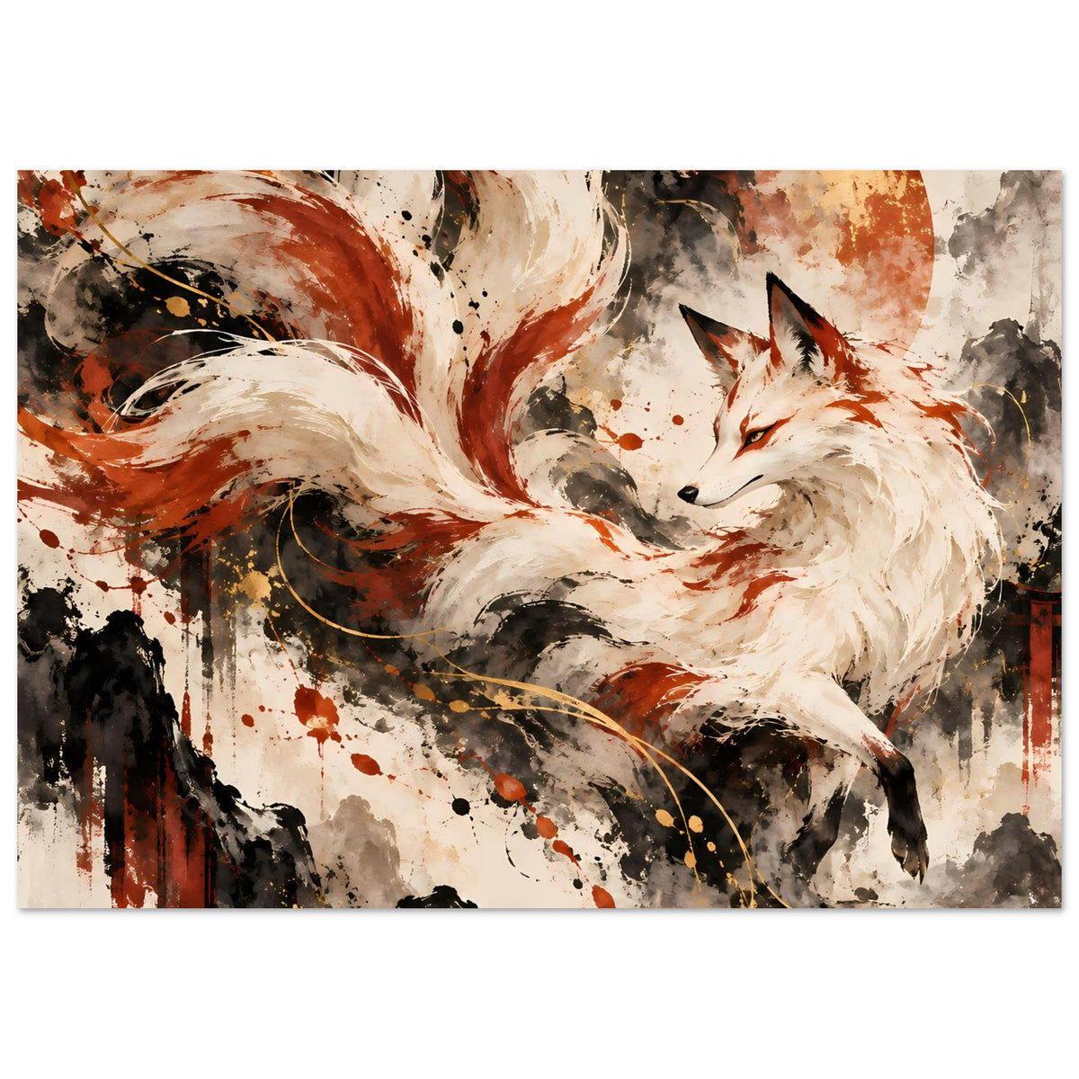 Fantasy-Poster mit Fuchs in Creme, Orange und Schwarz, neun Schweife, Spritz-Design