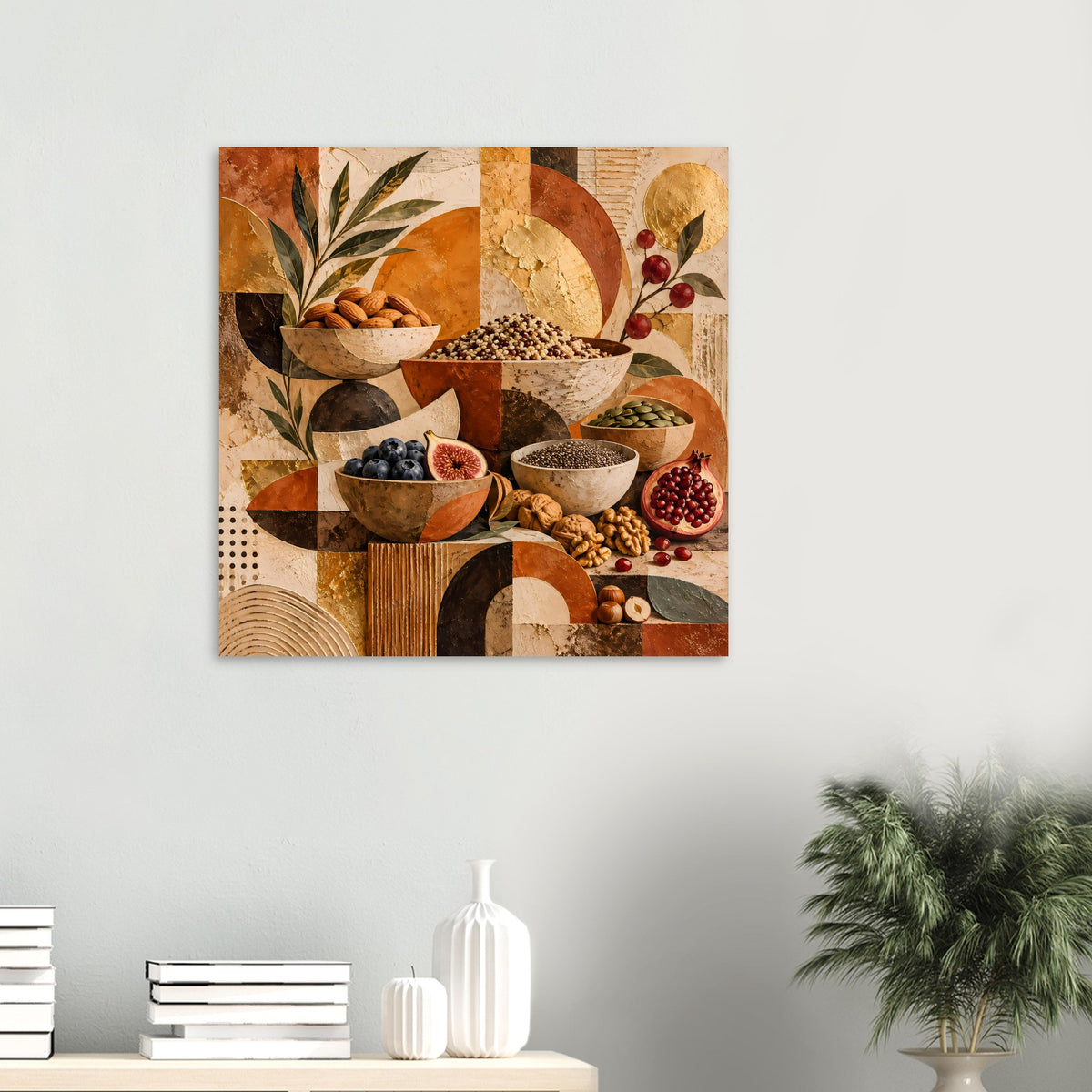 Wandposter mit Schalen voller Beeren und Samen, warmes Patchwork im rustikalen Stil.