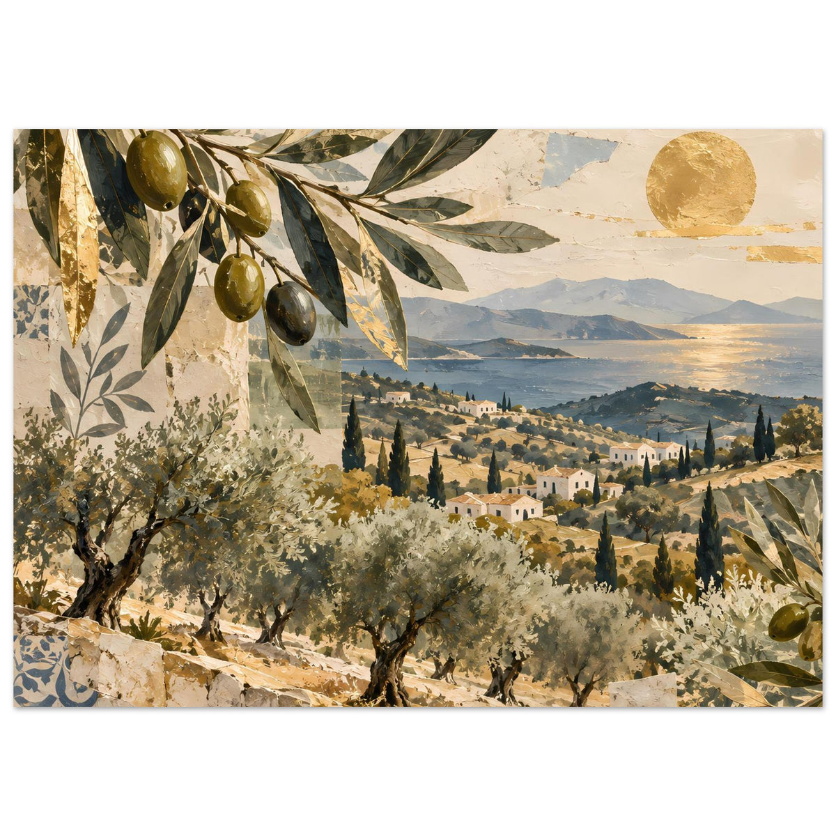 Mediterranes Olivenhain-Poster: Olivenzweige im Vordergrund, Talsiedlung und Berge
