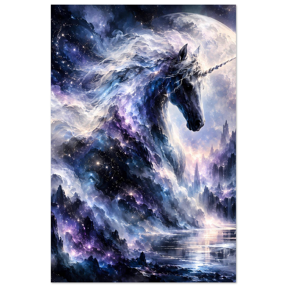 Galaktisches Einhorn-Poster, hochformat: blaues Einhorn über Sternenwolken, Vollmond und Schloss-Türme.