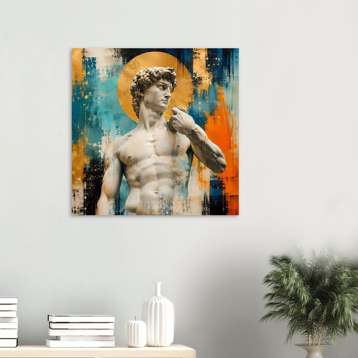Poster: David-Skulptur im goldenen Kreis, abstrakte Farbspritzer
