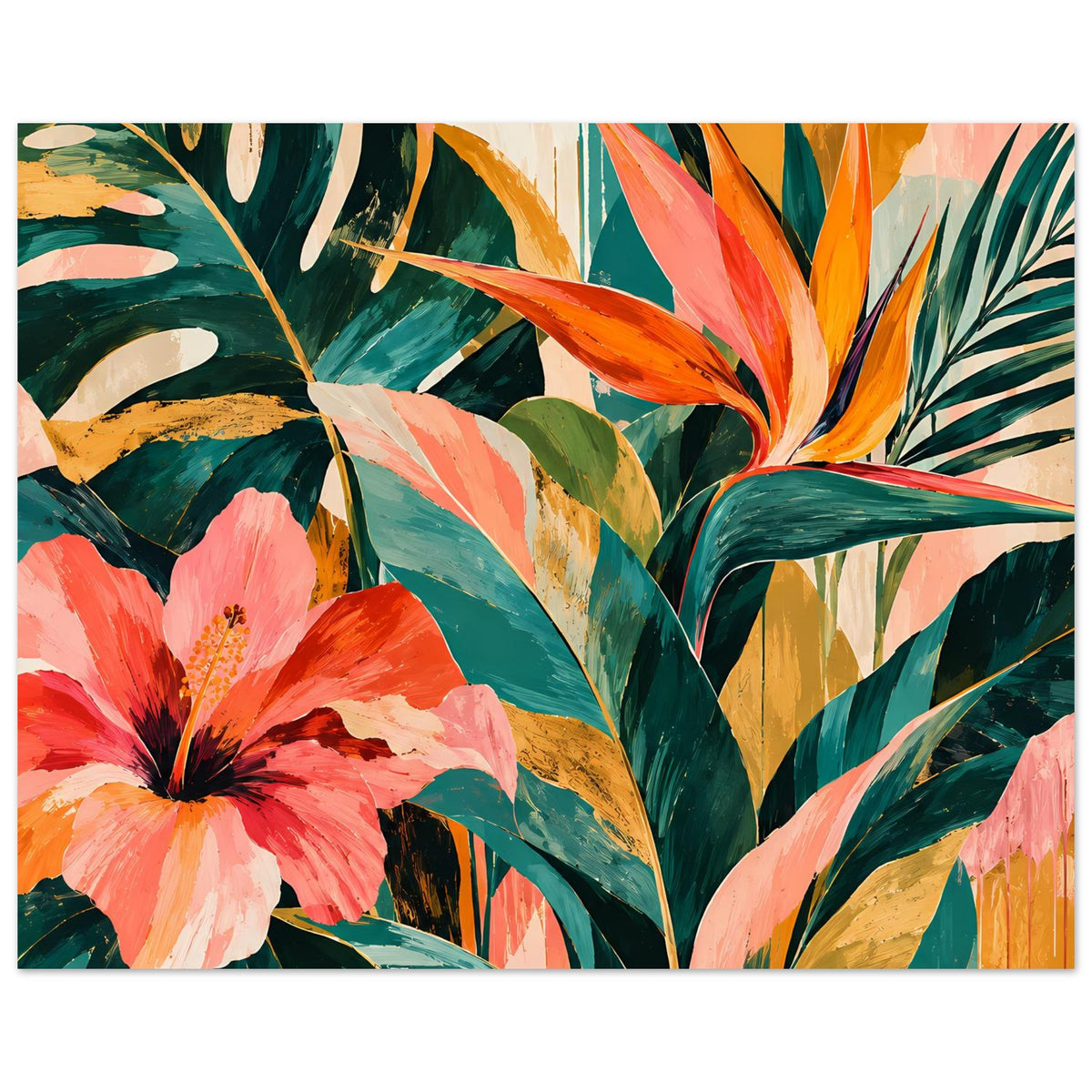 Florales Kunstposter, Motiv zeigt Blüten und breite Blätter in Grün-, Orange- und Rosatönen