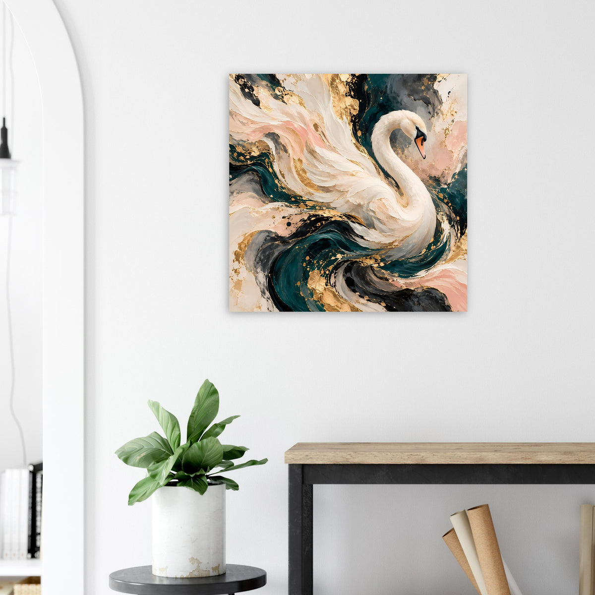 Abstraktes Schwan-Kunstposter mit weißem Vogel und türkis-goldenen Akzenten
