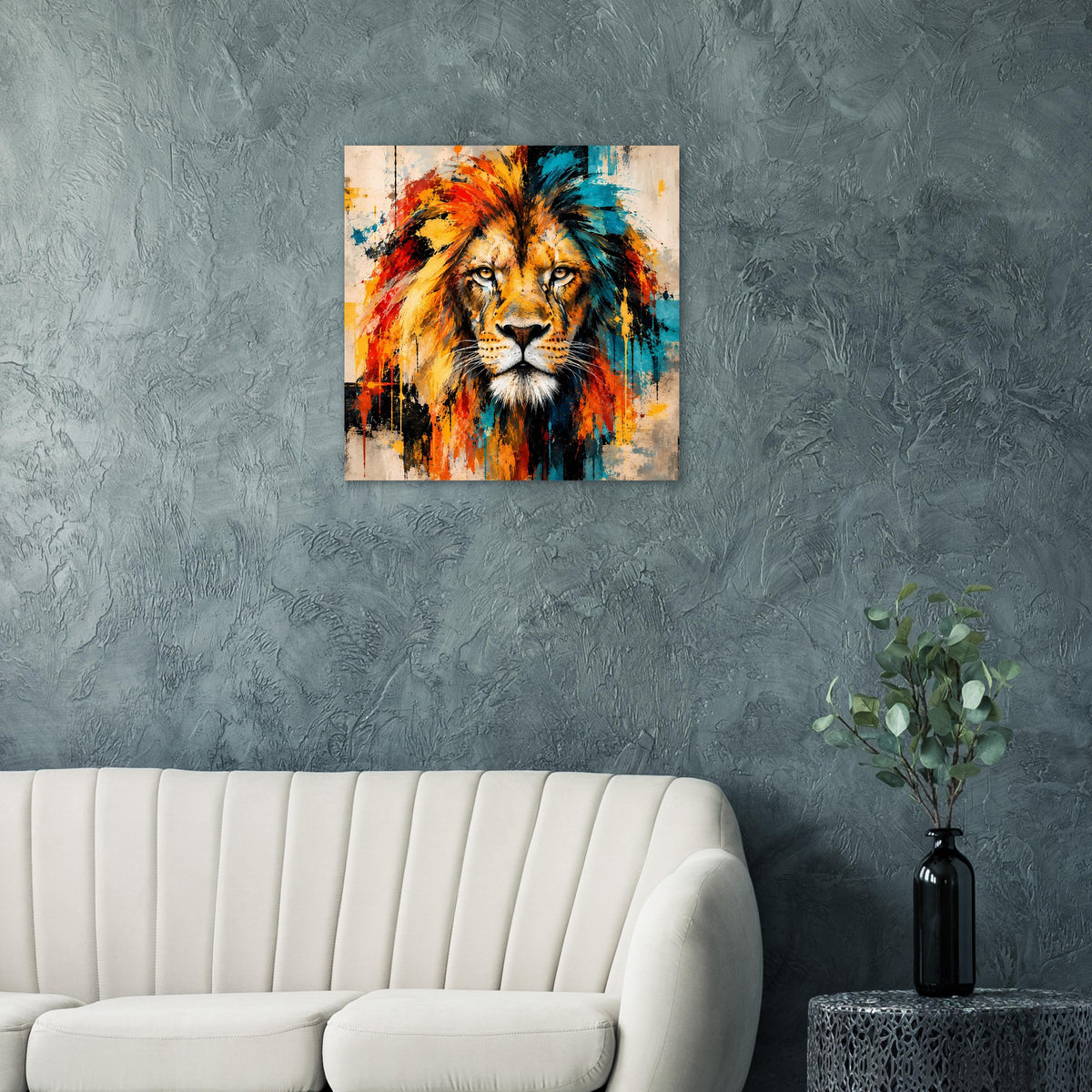 Löwenposter mit leuchtendem Löwenmotiv in Orange und Blau, quadratisch gerahmt.