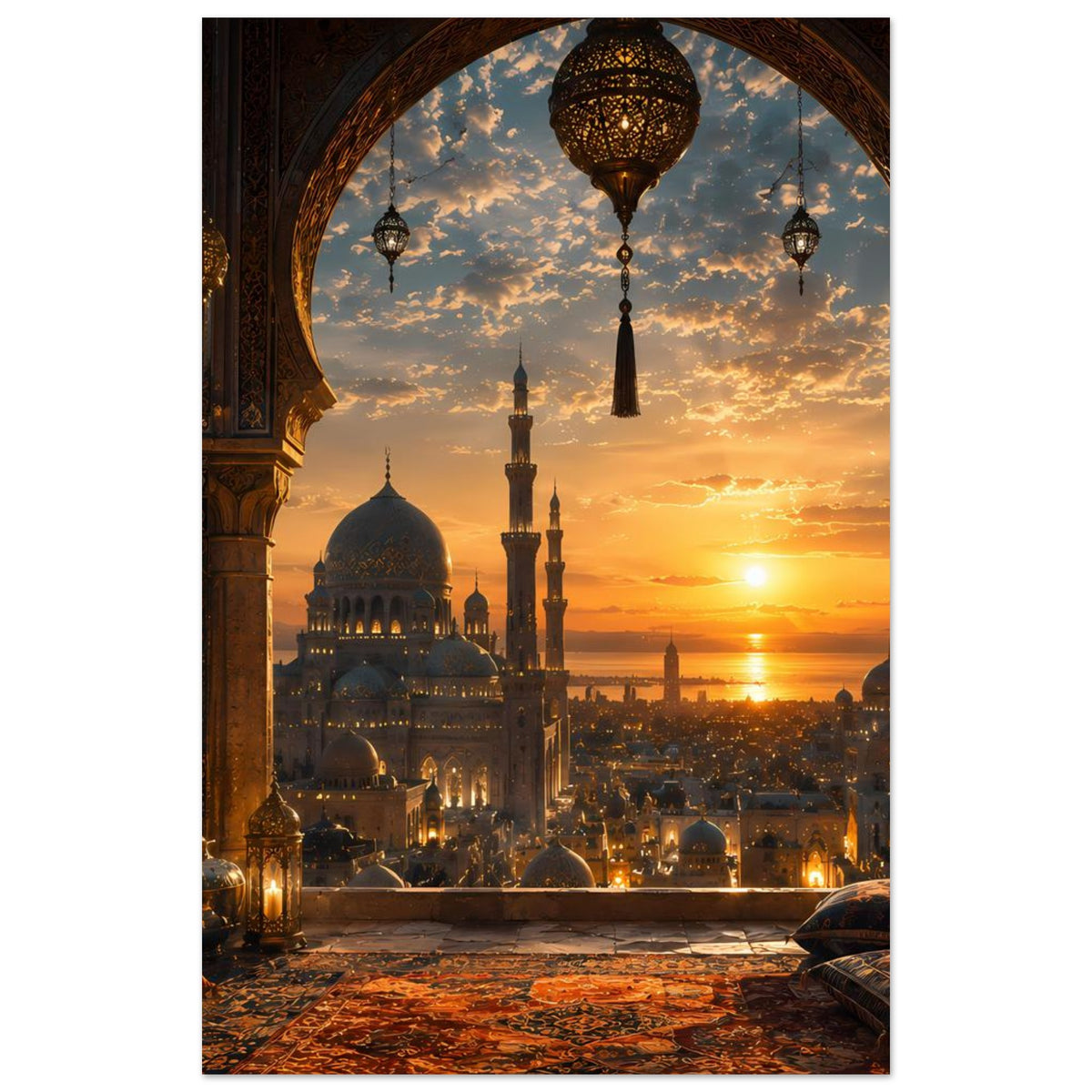 Wandposter: Sonnenuntergang über Moschee mit Kuppel, Minaretten und Rundbogen im Vordergrund