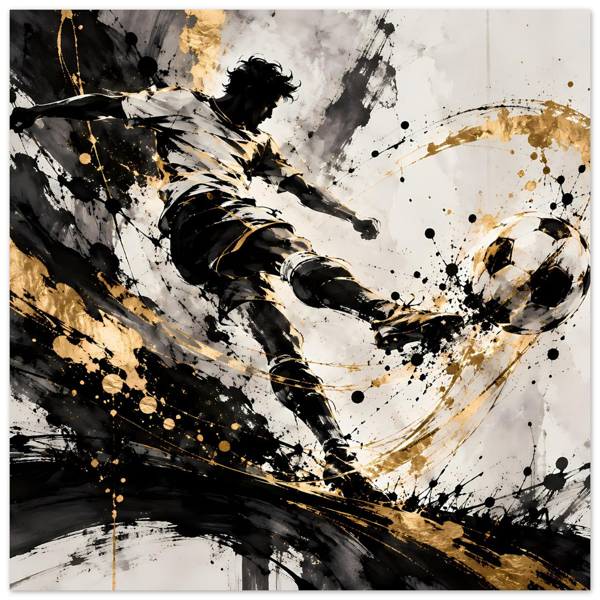 Wandposter im Querformat mit Fußballspieler im Schuss, schwarze und goldene Farbexplosionen.