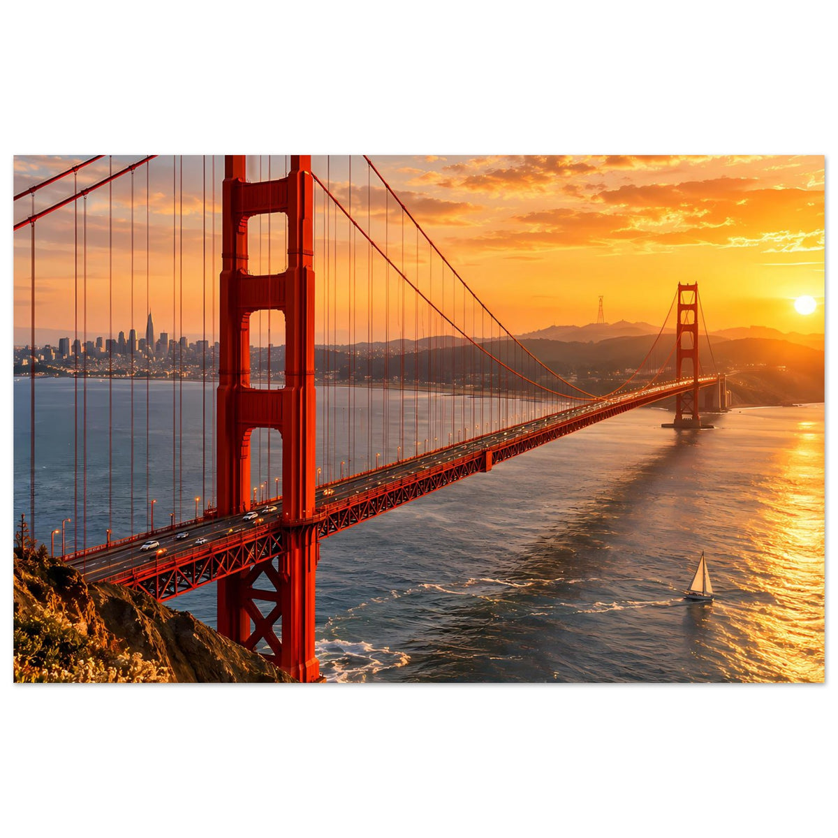 Horizontales Poster mit roter Hängebrücke (Golden Gate) bei Sonnenuntergang am Wasser