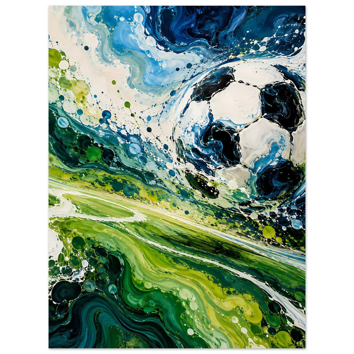 Abstraktes Fußballkunst-Poster im Hochformat mit weißem Fußball, blauem Wirbel und Grün