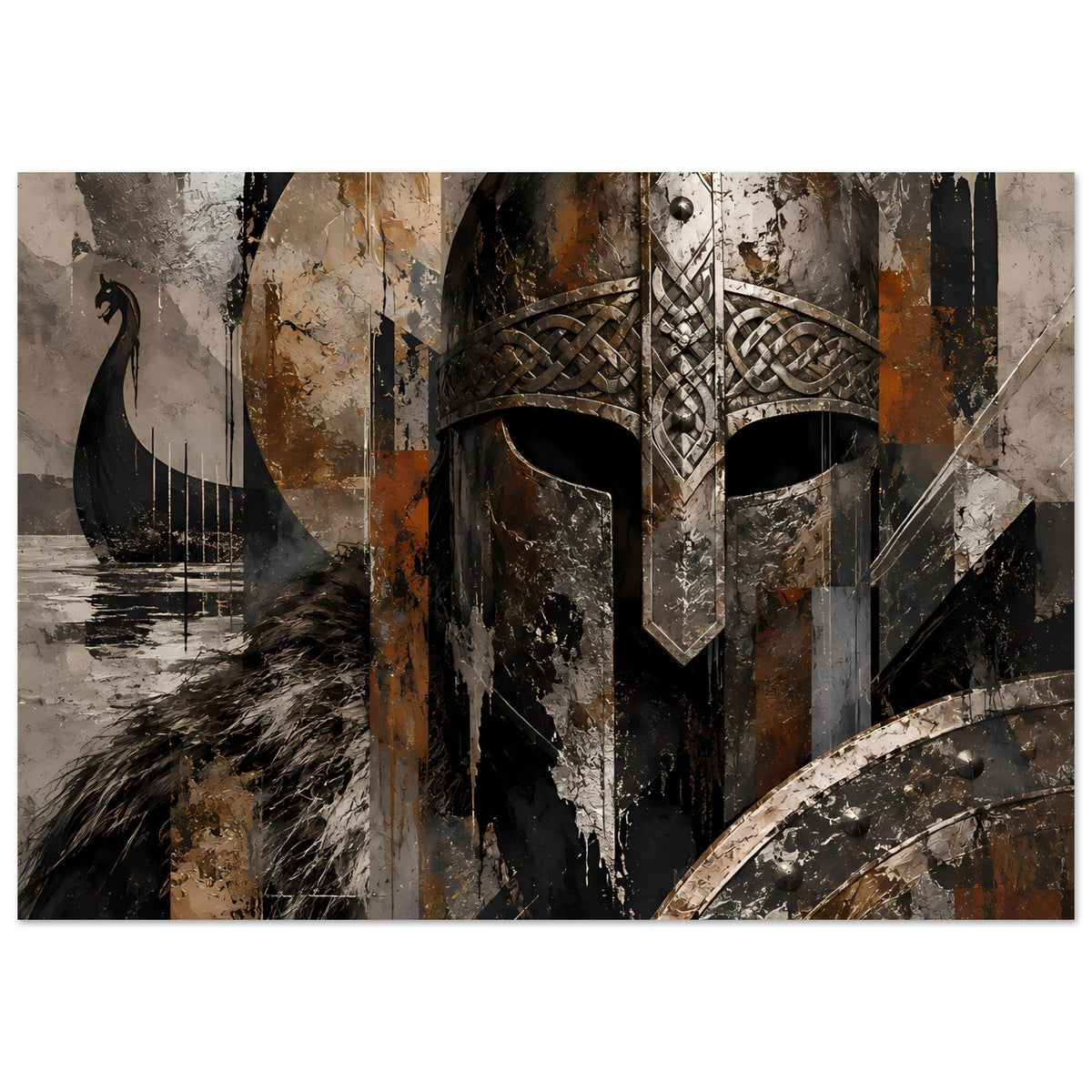 Art Poster mit Wikingerhelm, Runenmuster und Rundschild, erdige Schwarz-Braun-Töne