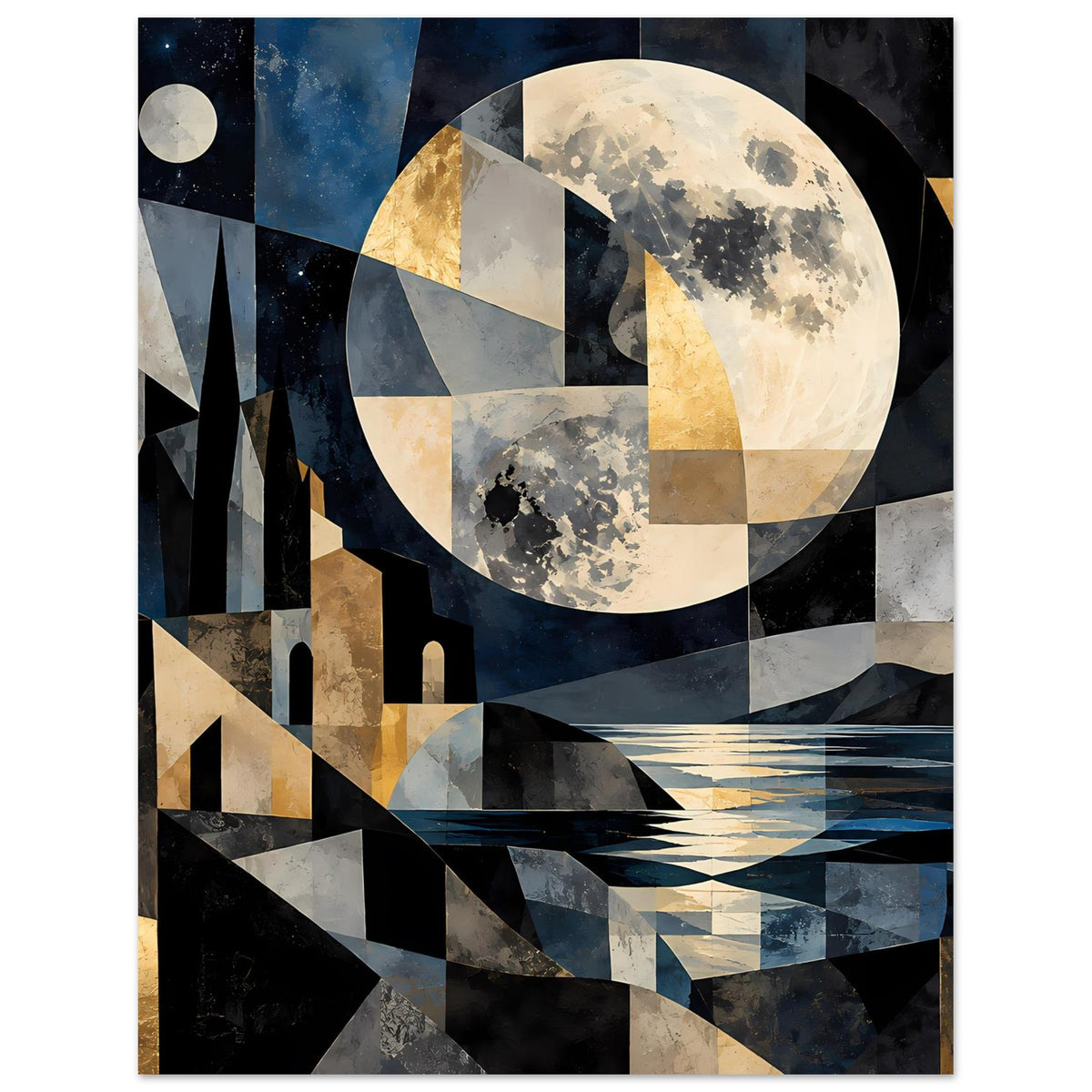 Vertikales Poster mit geometrischer Mondlandschaft: Mond, Türme, Wasserfläche und goldene Linien