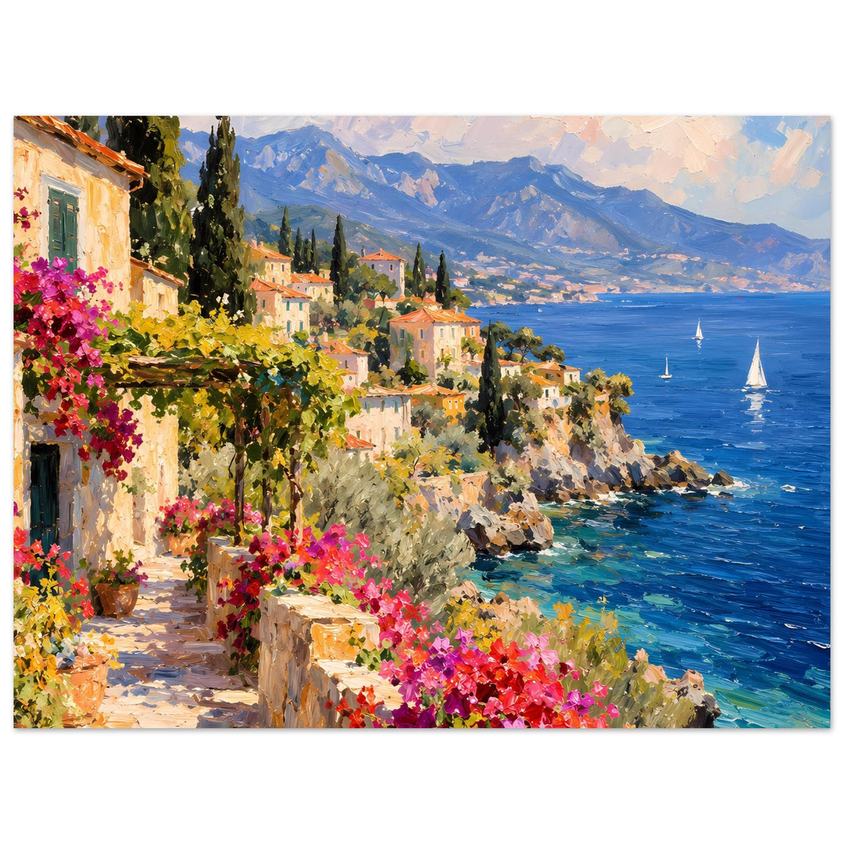 Mediterranes Küstenposter (Querformat): Häuser am Hang, Blumen am Weg, Bucht mit Segelbooten