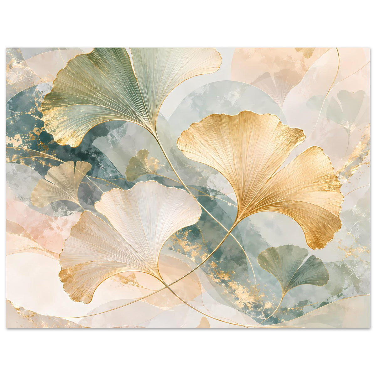 Poster mit Ginkgo-Blättern in Pastellfarben und Goldakzenten, waagerechte Ansicht