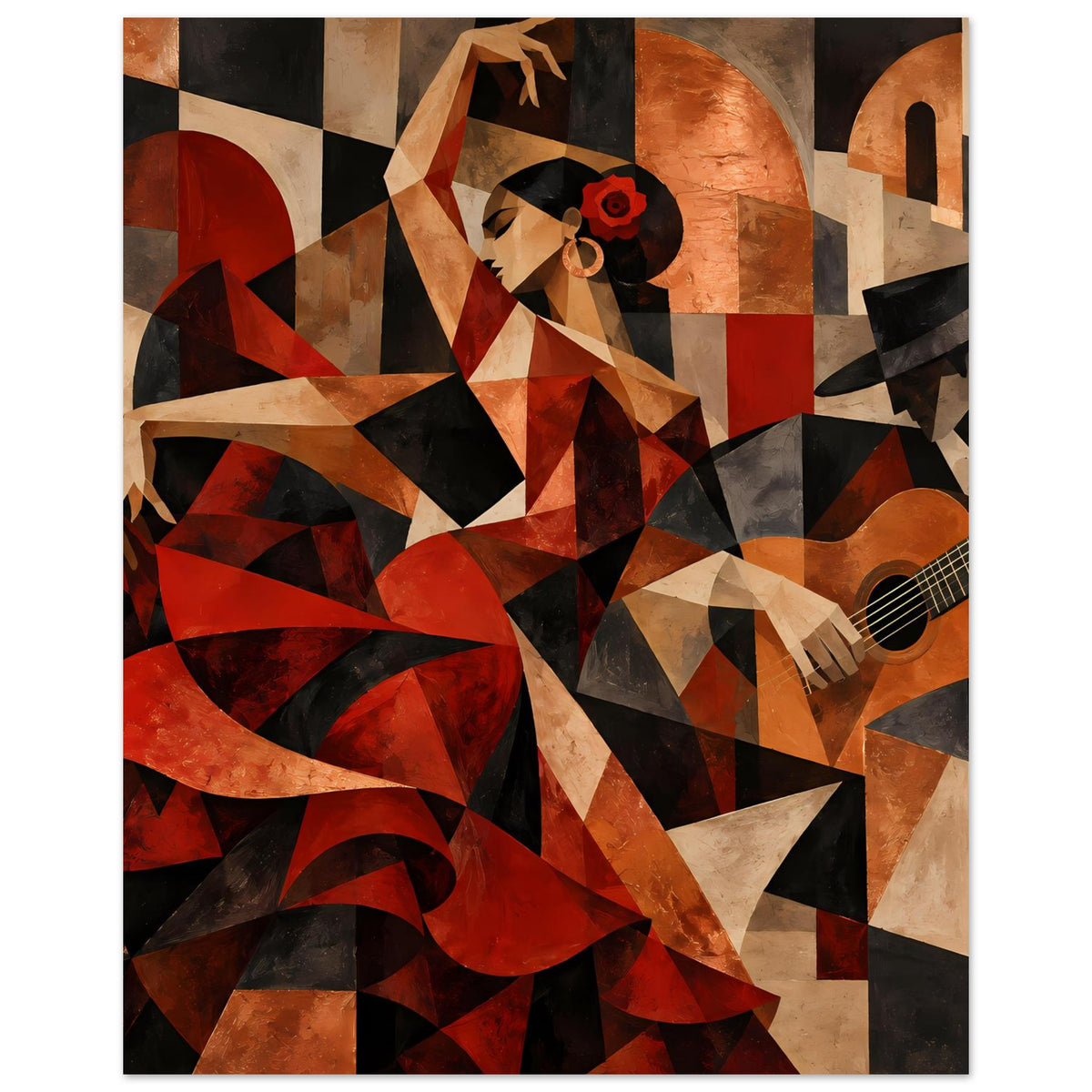 Kunstposter Hochformat: abstrakte Flamenco-Szene mit Frau und Gitarre in Rot- und Erdtönen