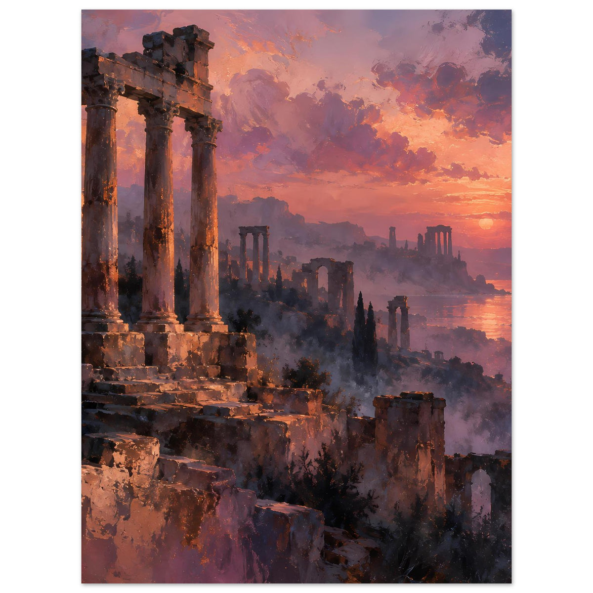 Poster mit Ruinenlandschaft und Säulen, Abendhimmel in Orange- und Violetttönen.