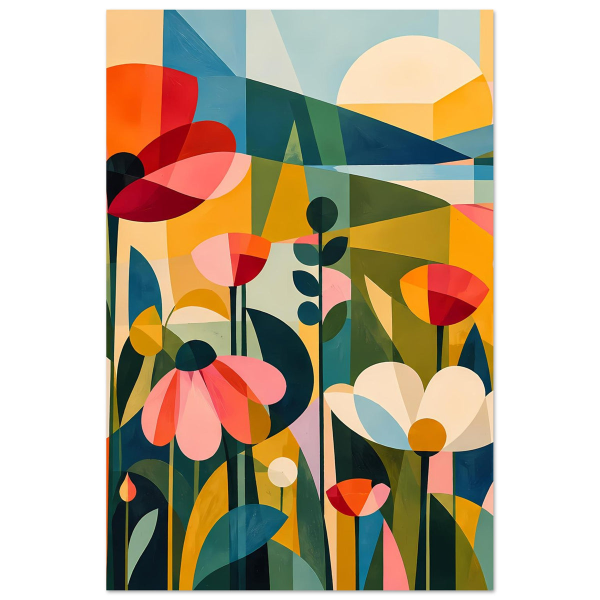 Gerahmtes abstraktes Blumenposter mit bunten Blüten und geometrischen Flächen im Hochformat