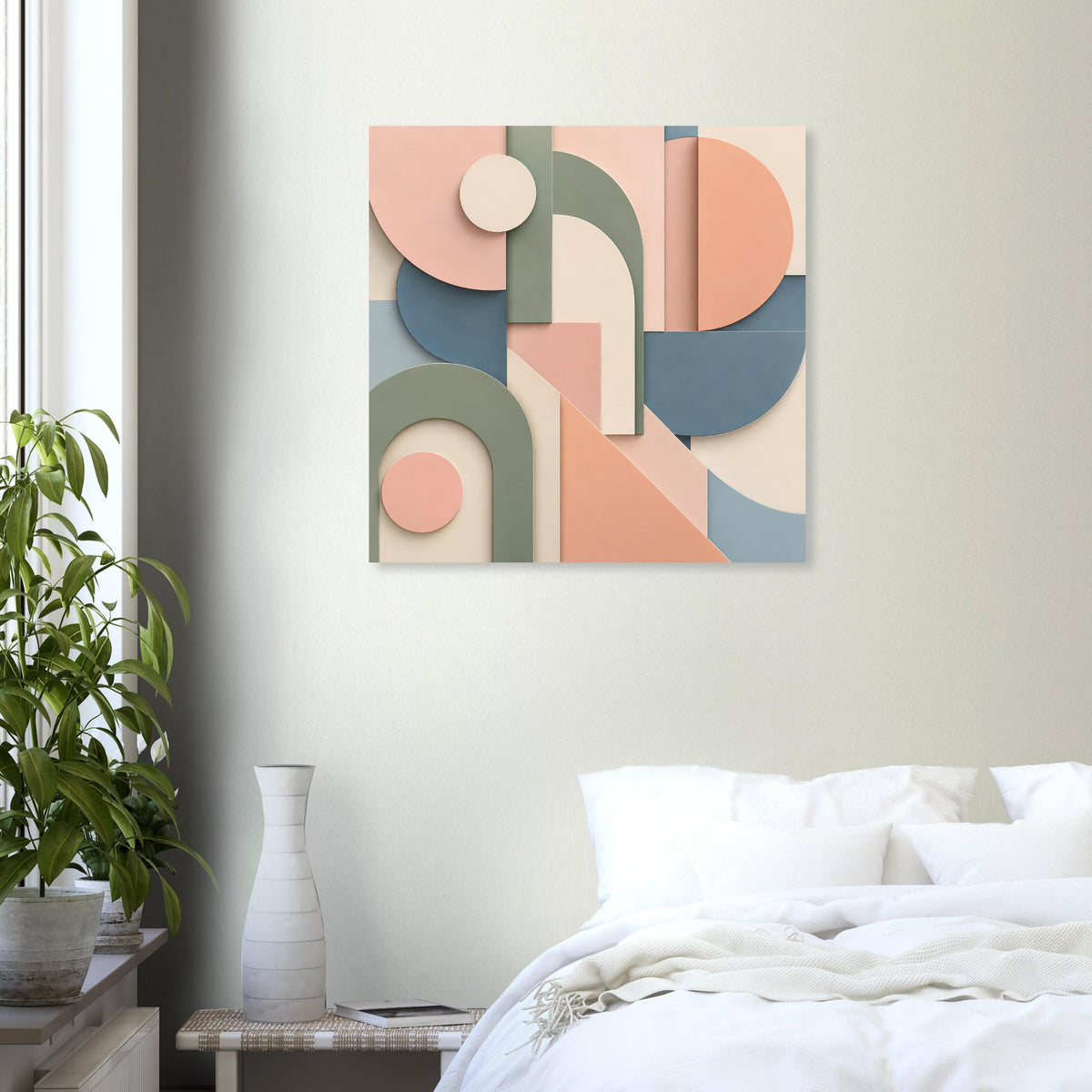 Abstraktes Kunstposter mit überlappenden Halbkreisen, Bögen und Rechtecken in Terrakotta und Salbeigrün