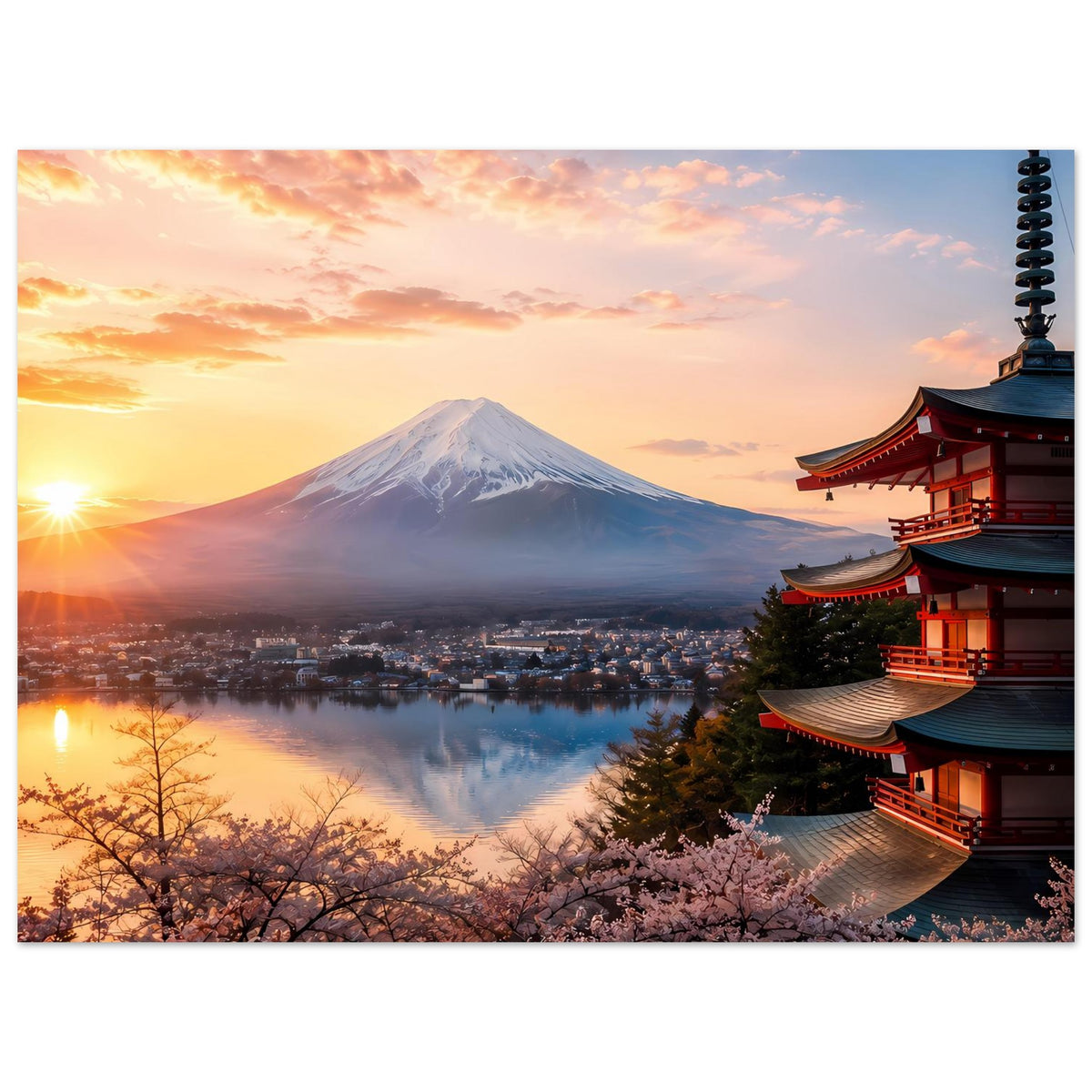 Japanisches Landschaftsposter mit Fuji, Kirschblüten, rotem Tempel rechts und Sonnenaufgang
