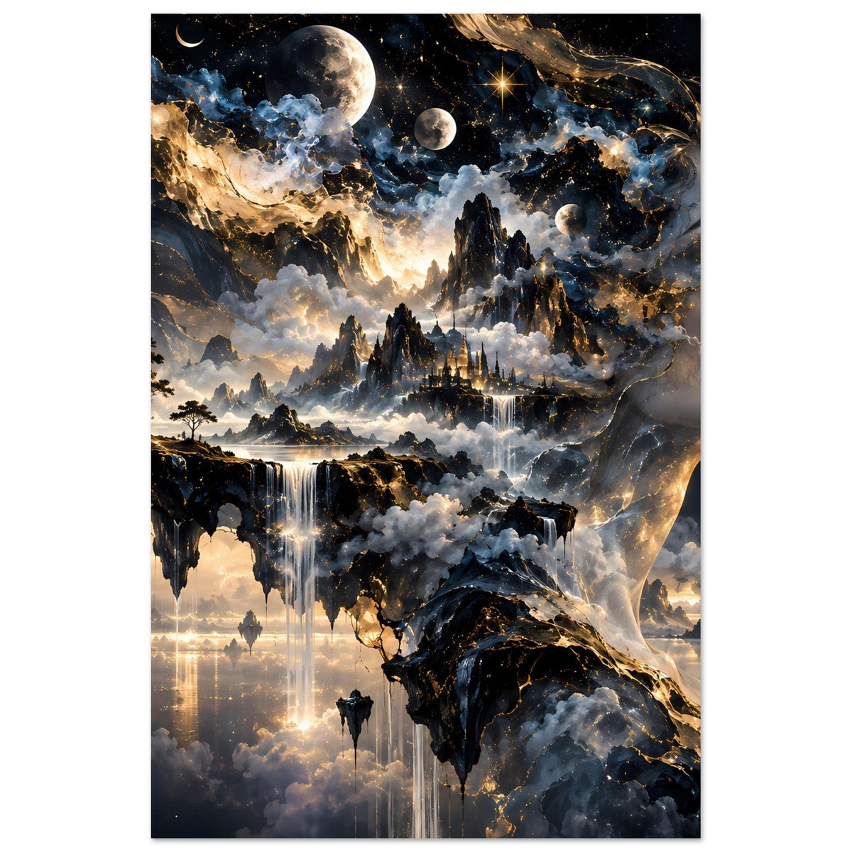 Kosmos-Poster im Hochformat: seitliches Gesicht, Planeten und Sternenlicht über Wolken