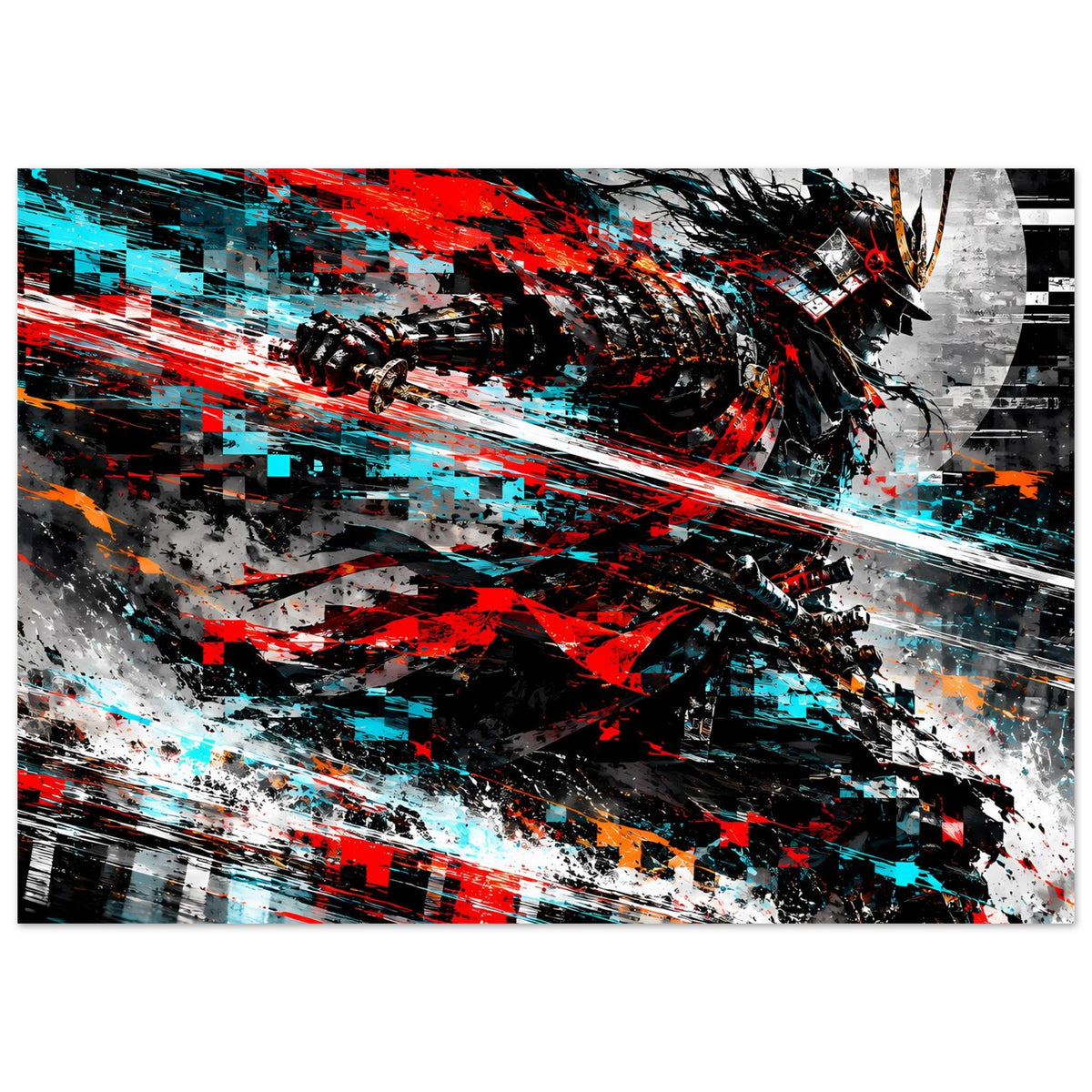 Horizontales Action-Poster: Samurai in Schwarz-Rot-Cyan, Beschleunigungseffekte und grafische Brüche