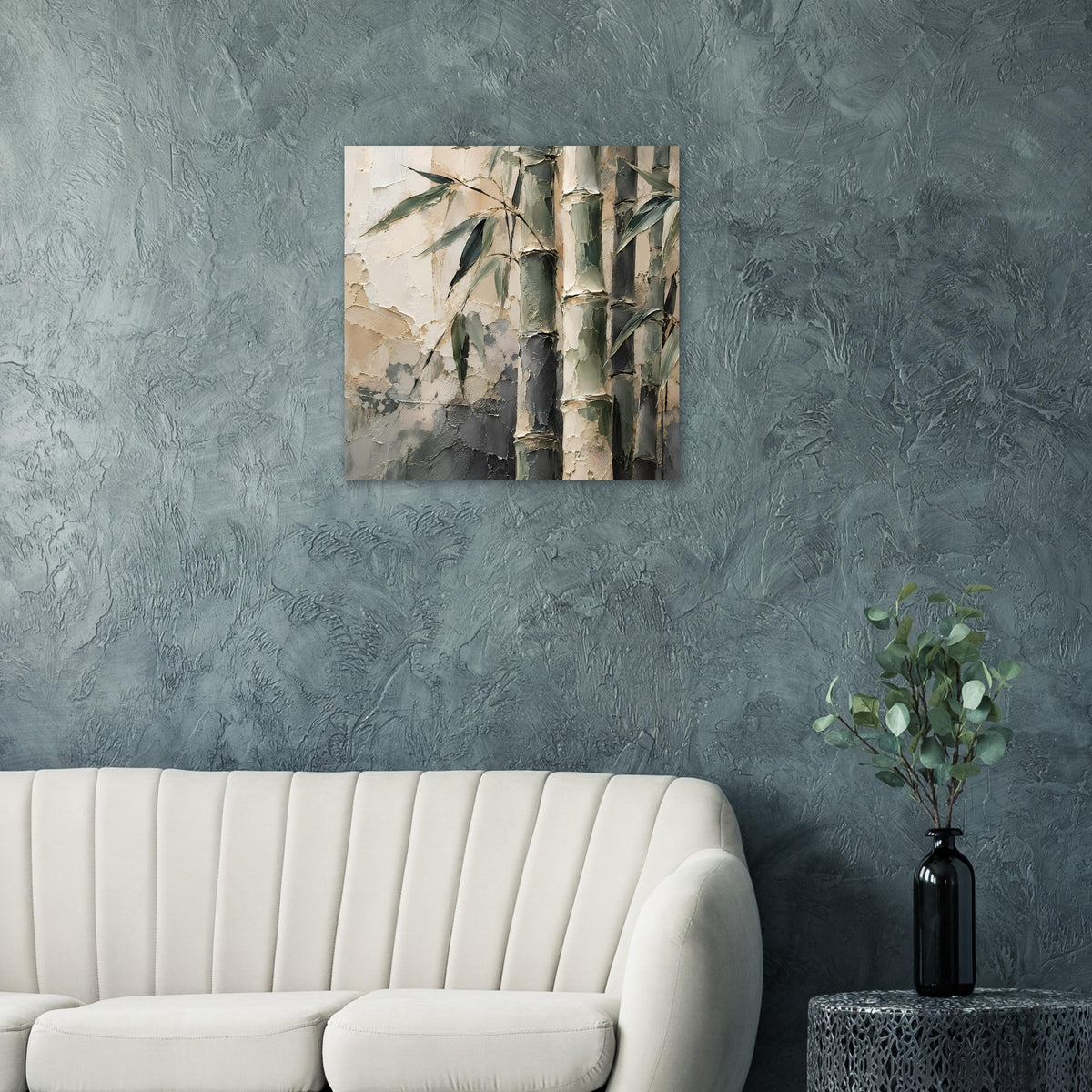 Poster mit grünlichen Bambusstämmen in Beige- und Grautönen, quadratisch