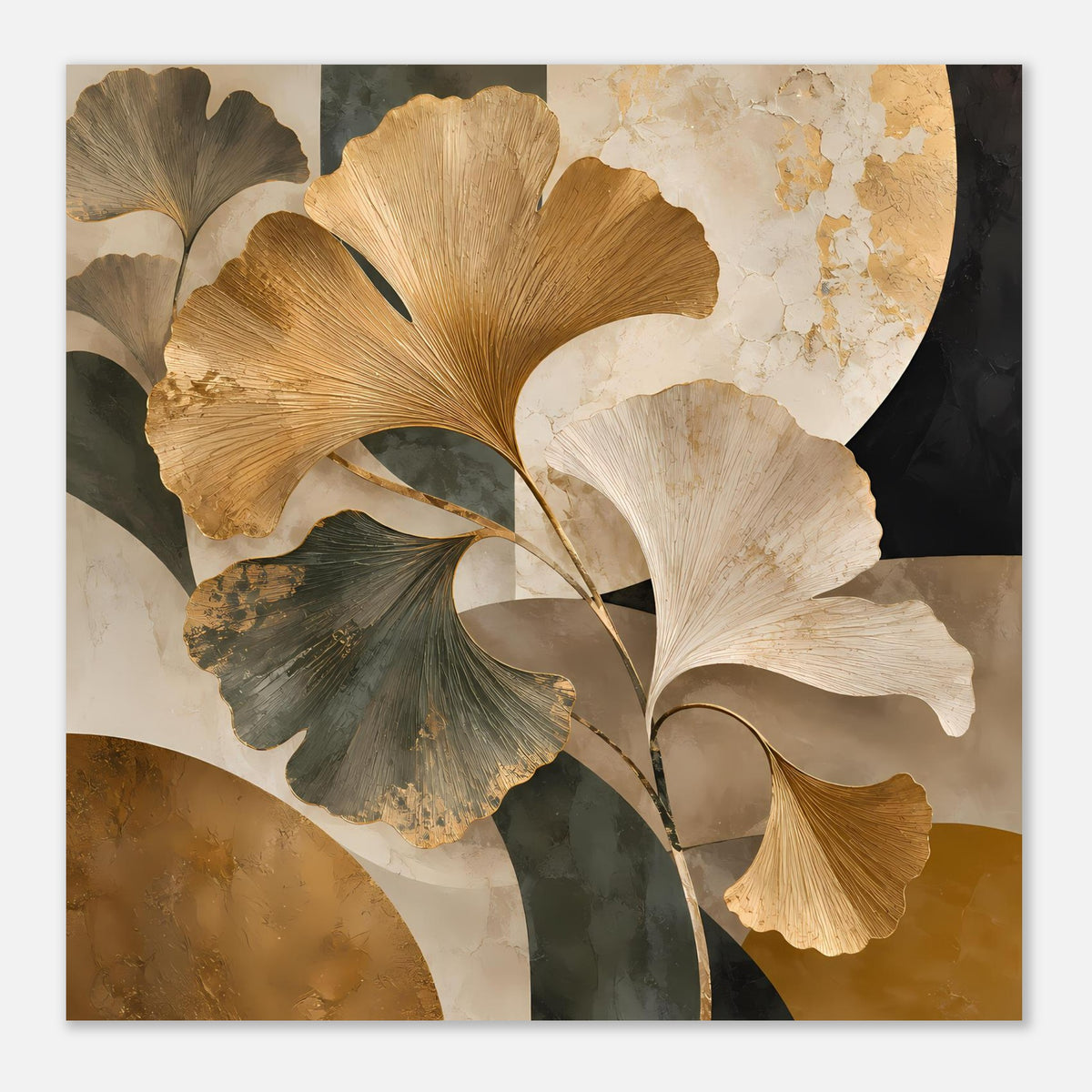 Botanisches Poster mit Ginkgo-Blättern in Erdtönen, cremefarbene und goldene Flächen