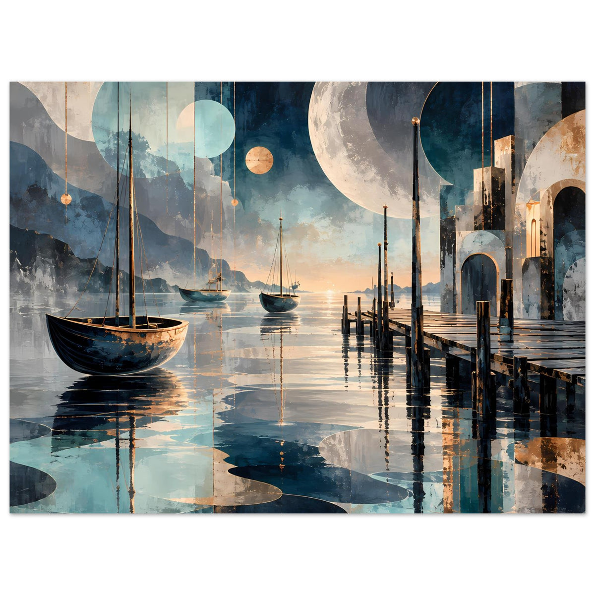 Nachtposter quer mit Hafen bei Mond, Booten, Steg und reflektierender Wasseroberfläche