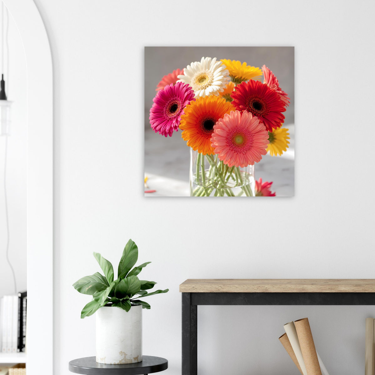 Poster mit buntem Gerbera-Blumenstrauß, zentrales quadratisches Blumenmotiv