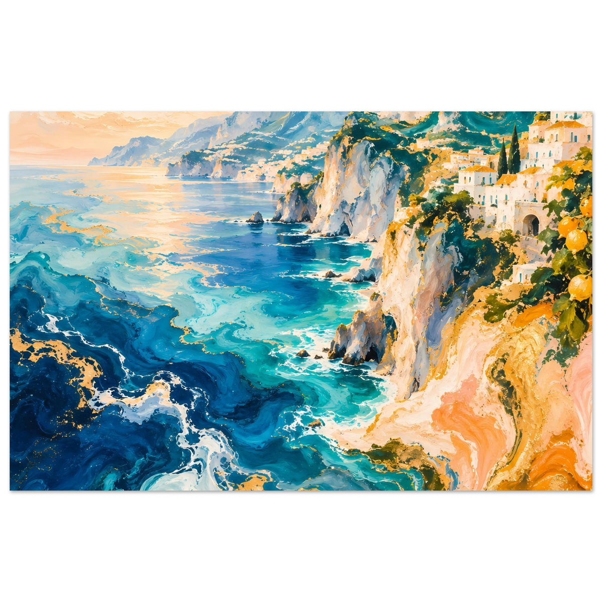 Horizontales Küstenposter mit türkisblauem Meer, weißen Klippen und goldener Abendsonne
