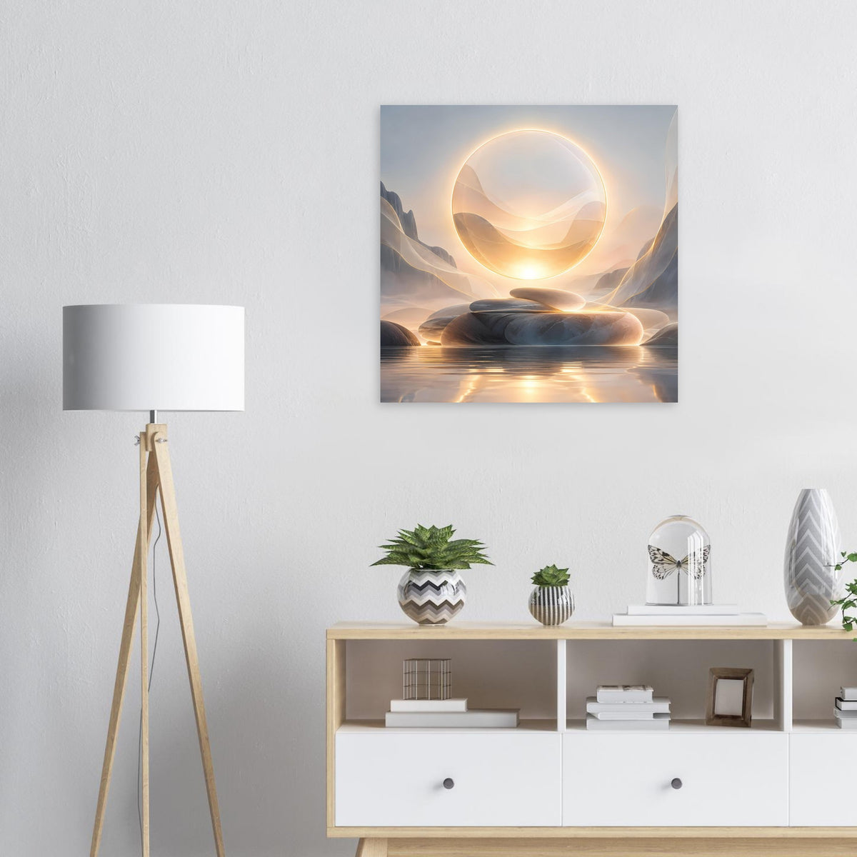 Quadratisches Kunstposter mit leuchtendem Ring und geschichteten Wellen in Beige- und Grautönen