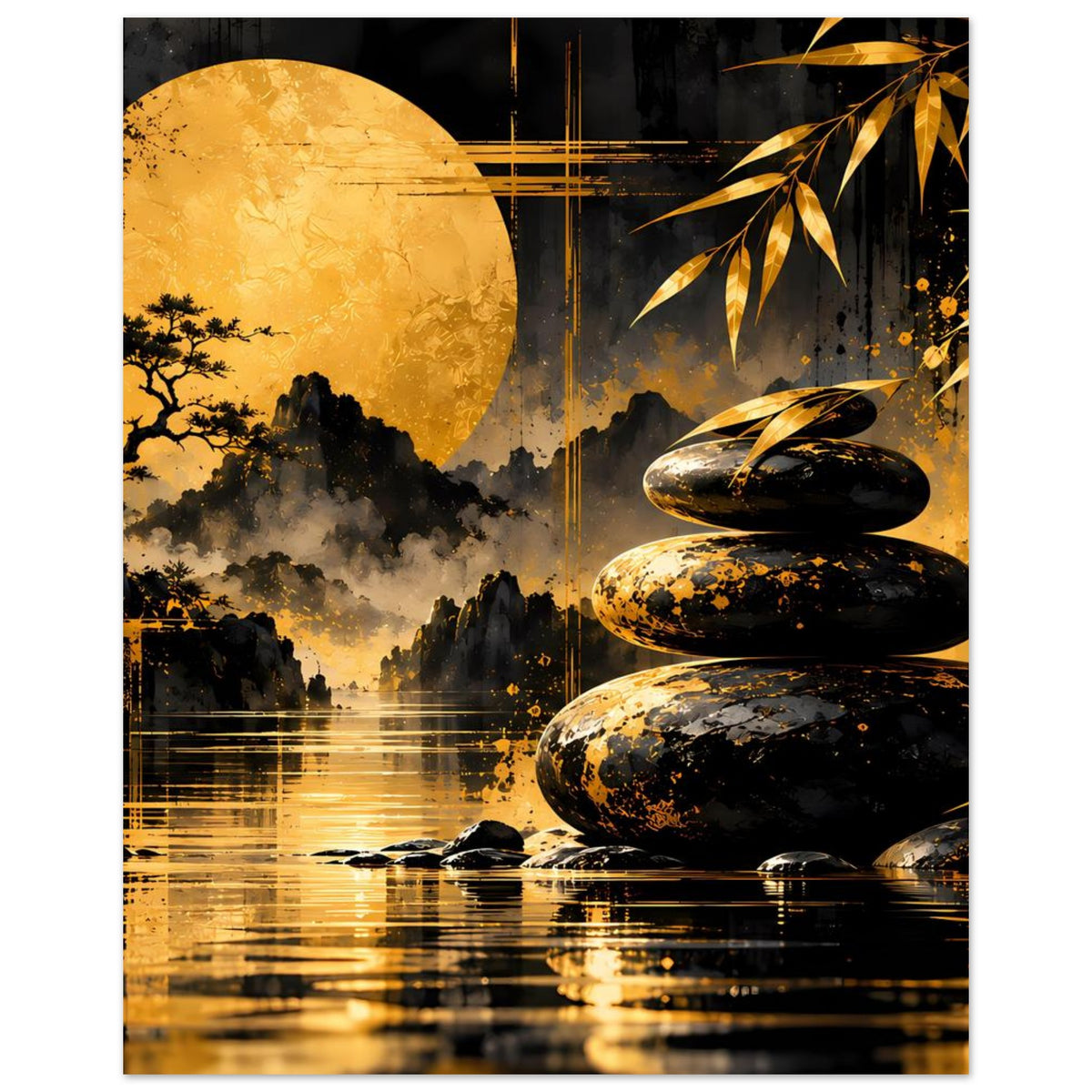 Zen-Harmonie-Poster: goldener Kreis am Himmel, schwarze Berge, Bambuszweige, Steine