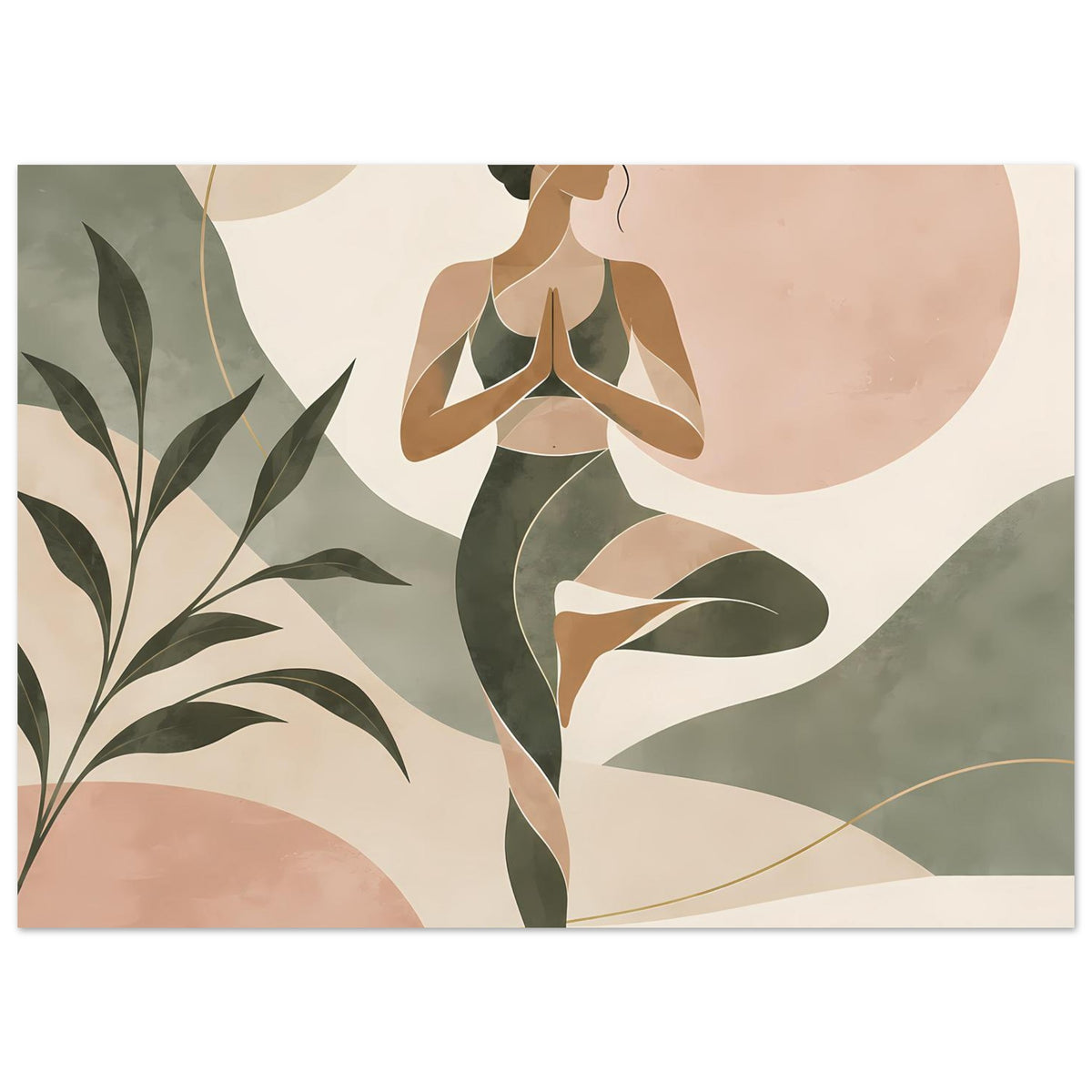 Abstraktes Yoga-Poster mit Figur in Salbeigrün und Rosé, mit Pflanzenelementen