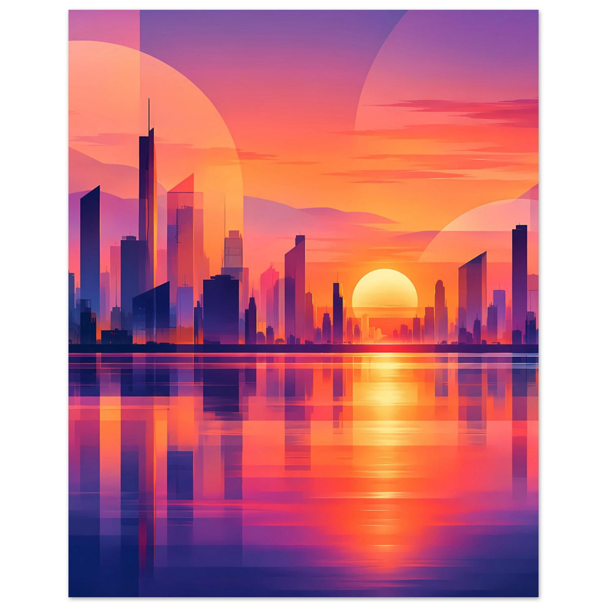 Vertikales Stadtposter mit Wolkenkratzer-Silhouette, Sonne über der Stadt und Reflexionen