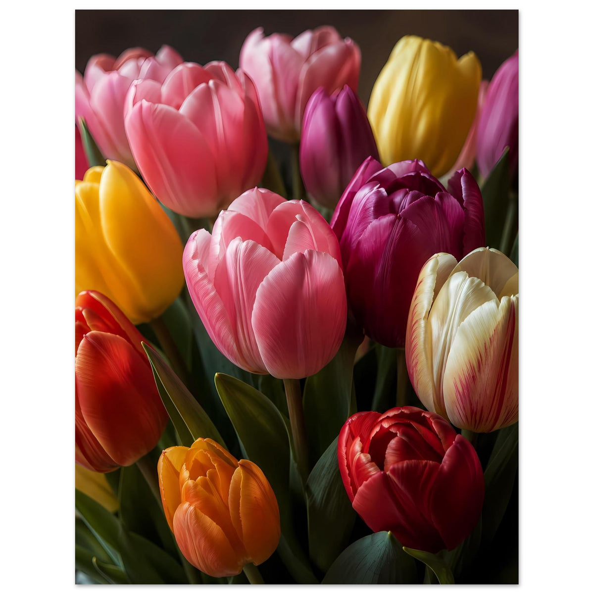 Poster mit Tulpenstrauß, hochkant: bunte Tulpen in Pink, Gelb, Rot, Violett und Weiß