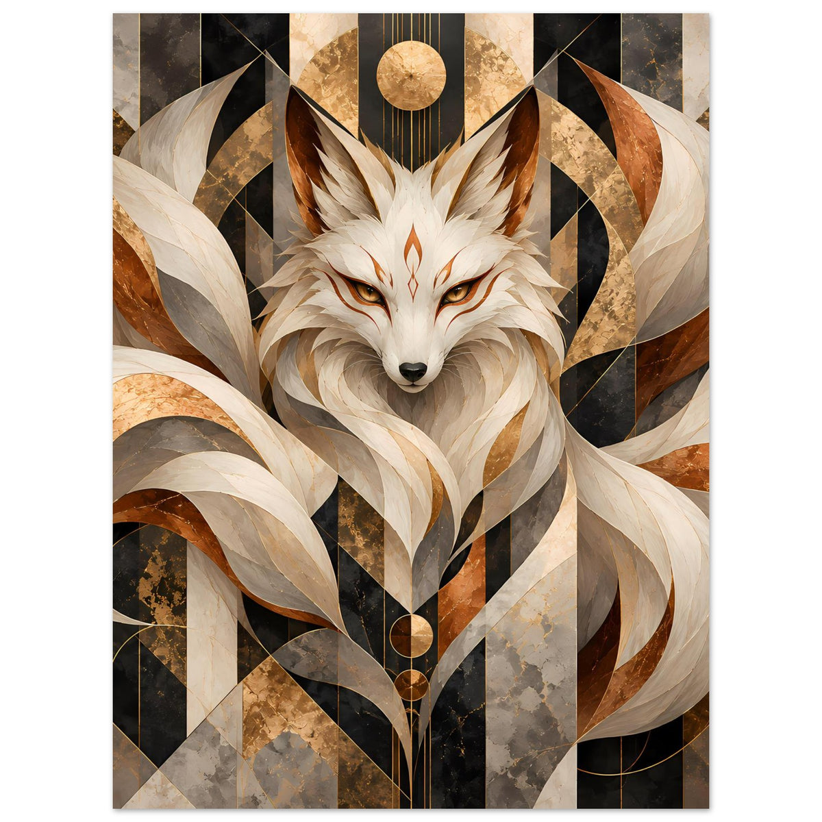 Geometrisches Poster mit Fuchs-Motiv in Erdtönen und Gold, Kopf zentral im Bild