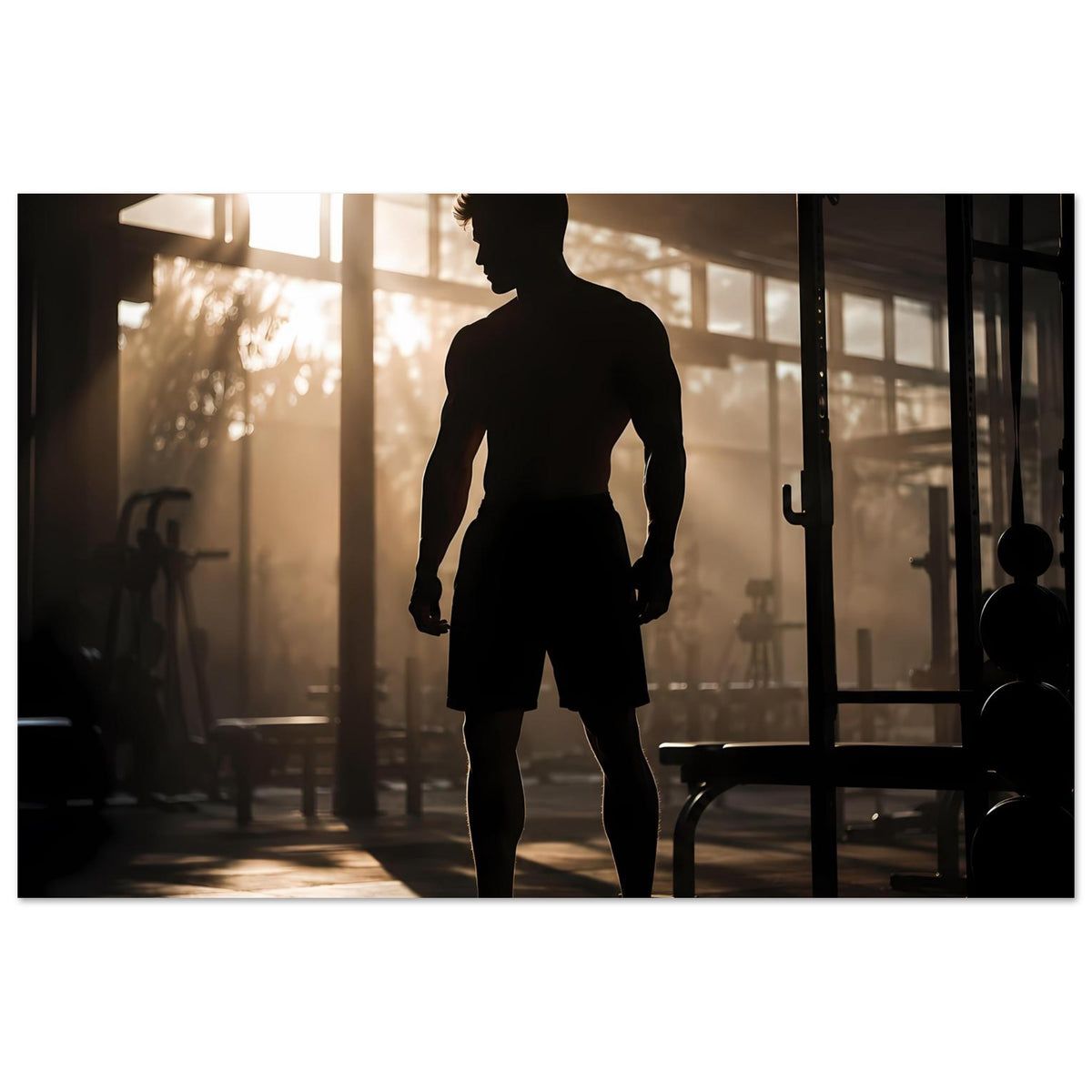 Fitness-Poster mit dunkler Sportler-Silhouette: Kopf, Oberkörper und Shorts