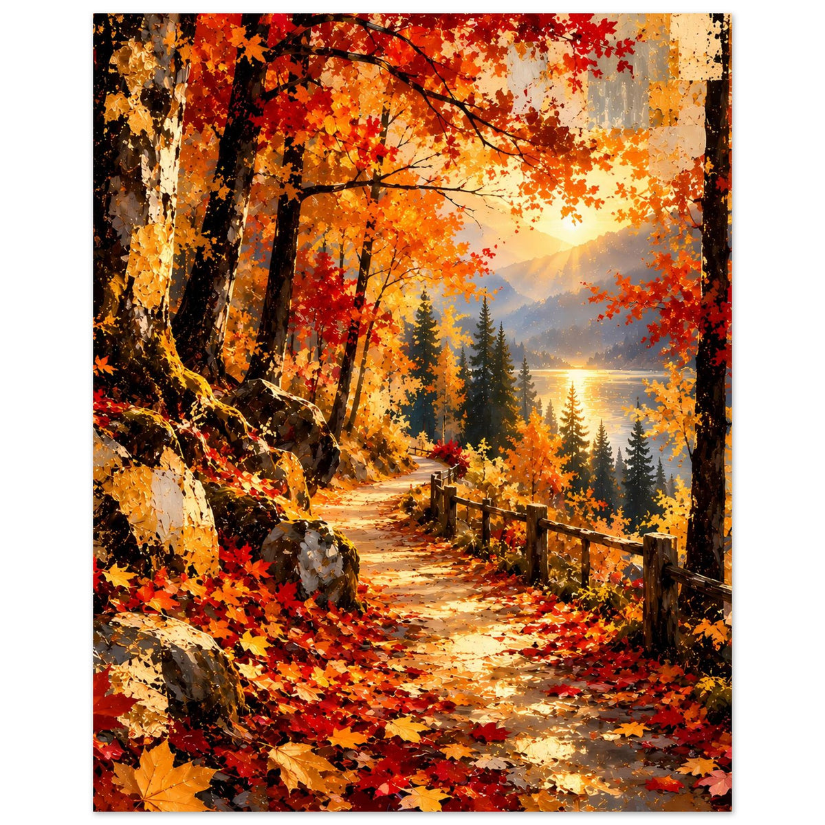 Poster im Herbstlook: Weg durch den Wald, orange-goldene Blätter und Licht am Horizont
