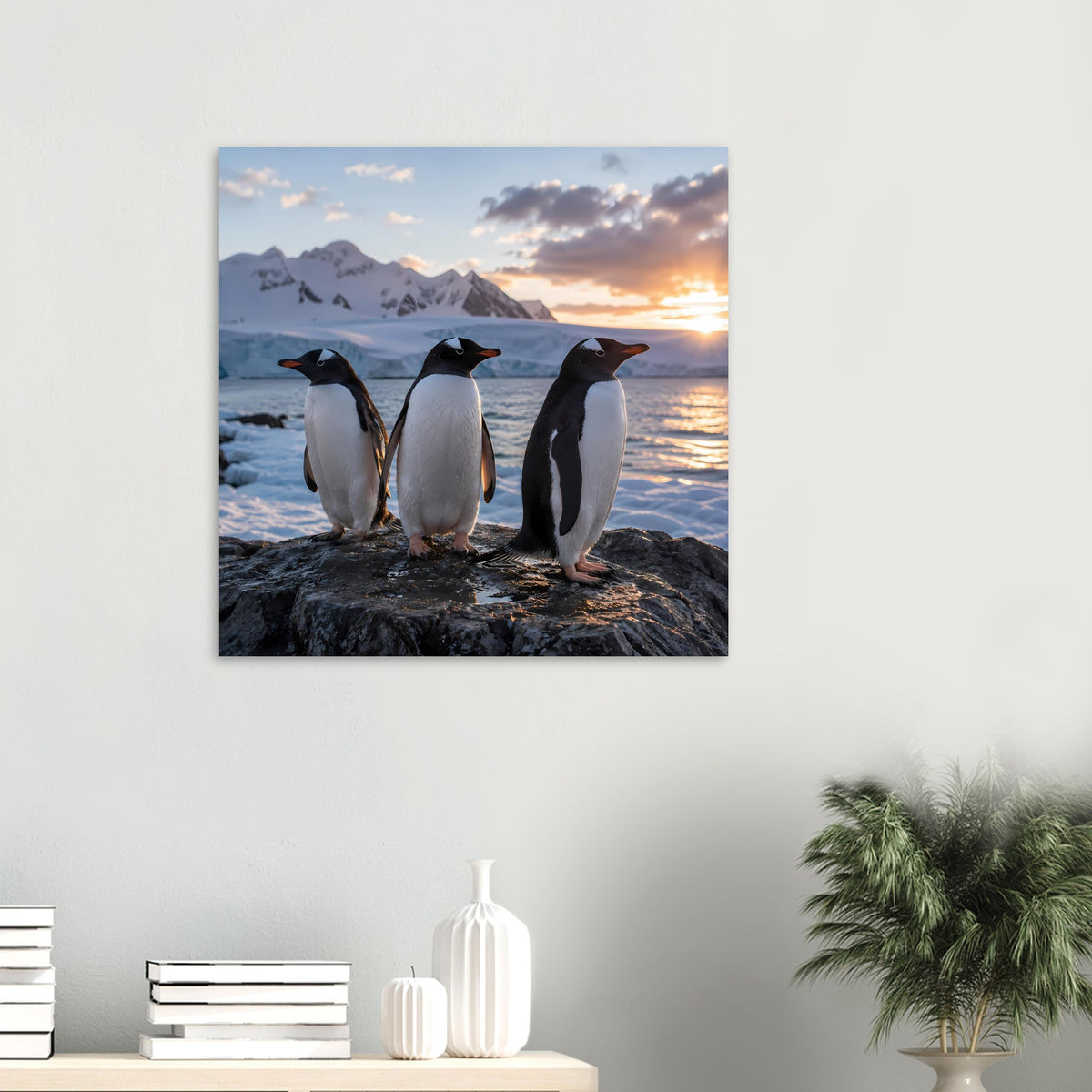 Kleines Poster mit drei Kaiserpinguinen auf Felsen im Schnee, Abendhimmel